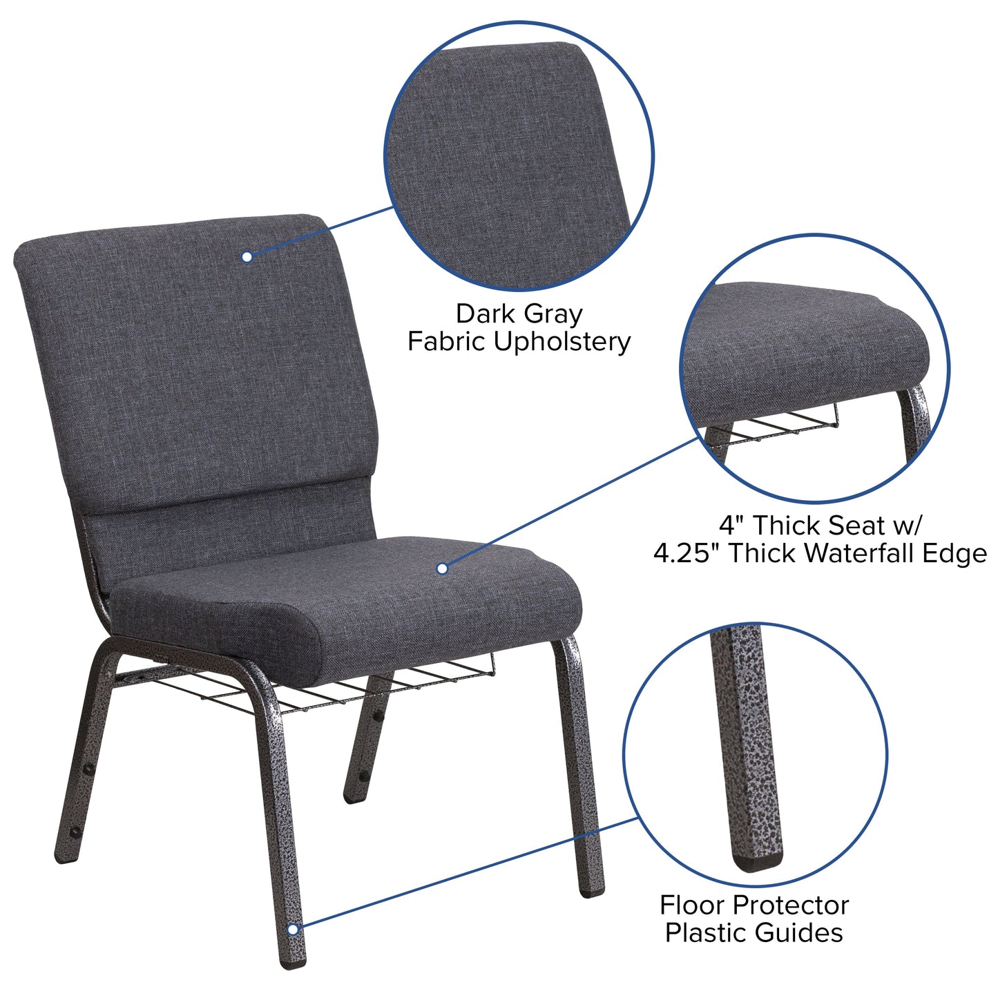 Dark Gray Fabric Church Chair FD-CH02185-SV-DKGY-BAS-GG