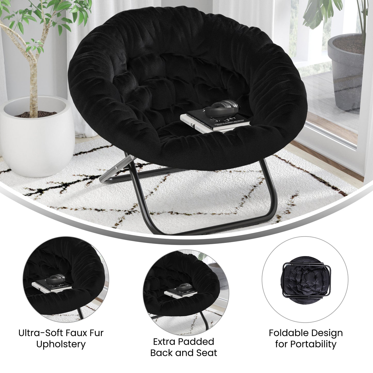 Black XL Fur Saucer Chair FV-FMC-025-BK-BK-GG