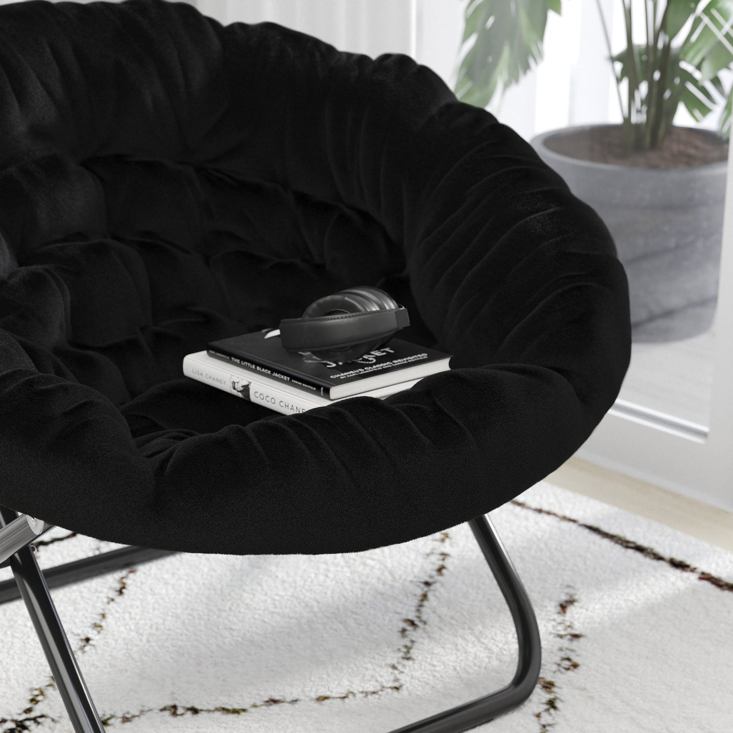 Black XL Fur Saucer Chair FV-FMC-025-BK-BK-GG