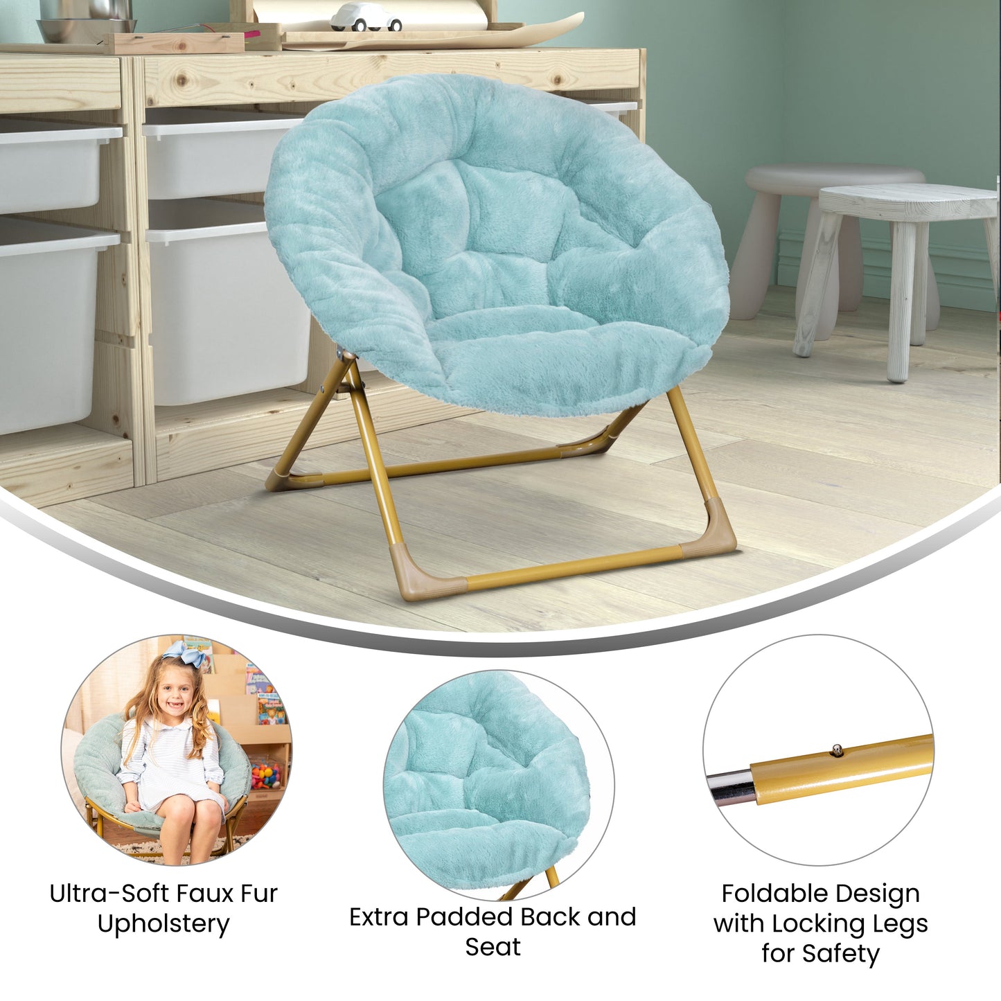 Dusty Aqua Kids Fur Moon Chair FV-FMC-030-DTAQ-SGD-GG