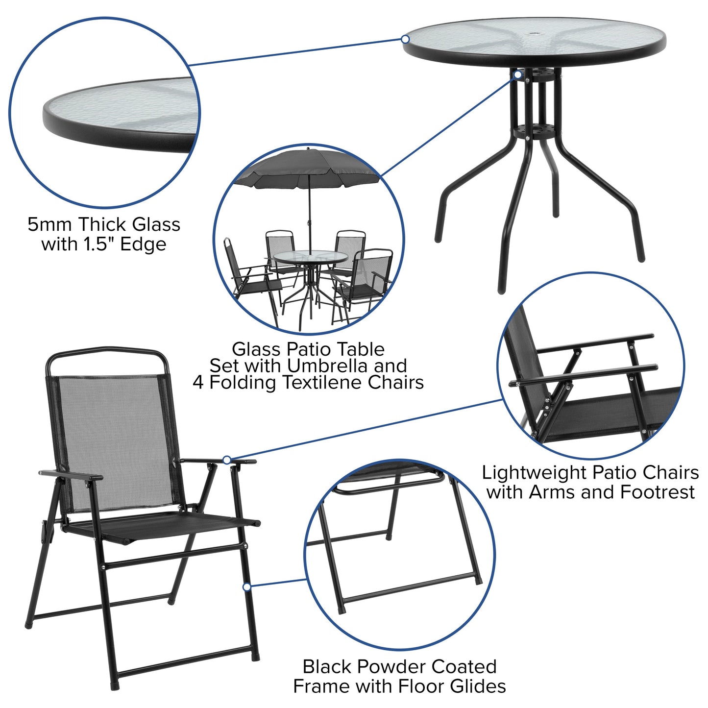 6PC Black Patio Set & Umbrella GM-202012-BK-GG