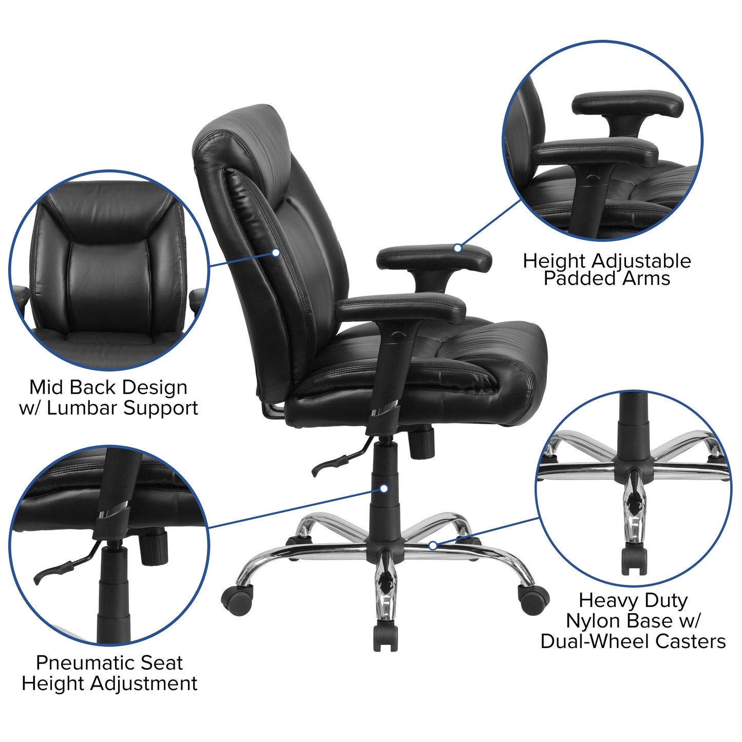 Black 400LB Mid-Back Chair GO-2073-LEA-GG