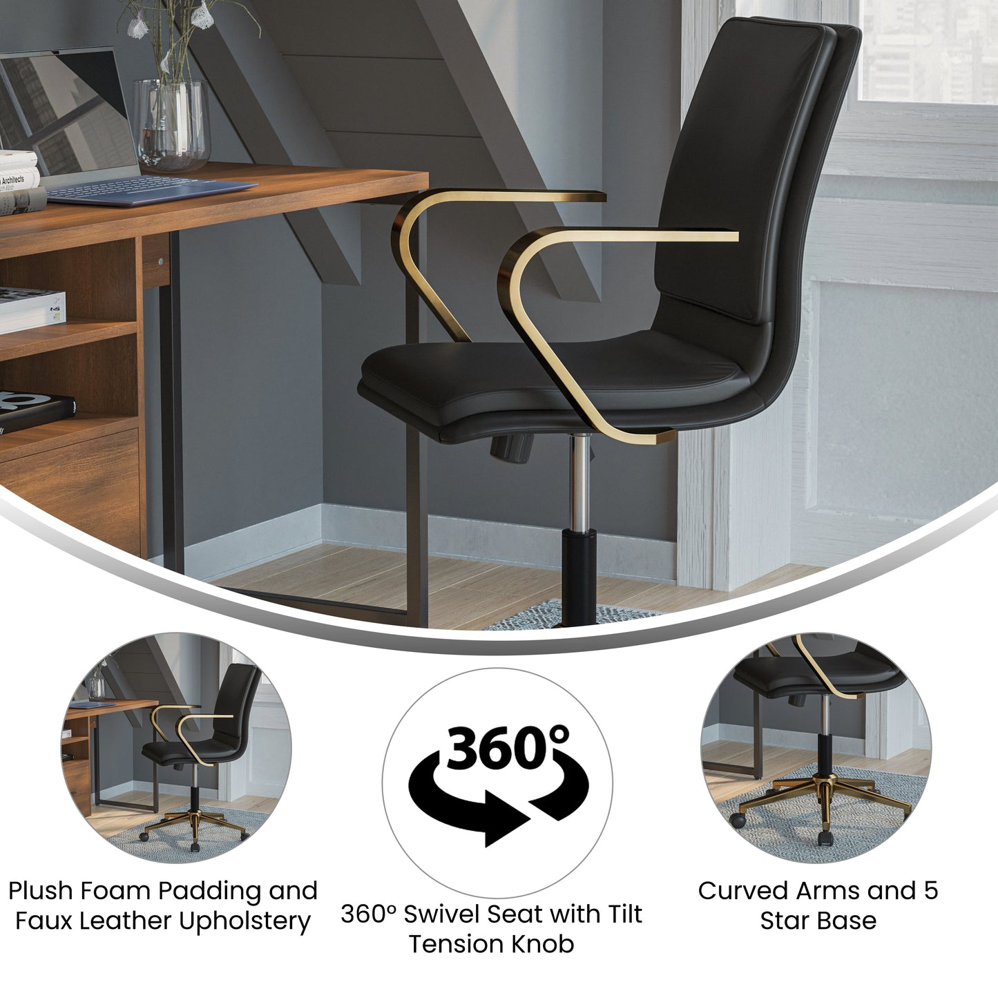 Black/Gold Swivel Desk Chair GO-21111B-BK-GLD-GG