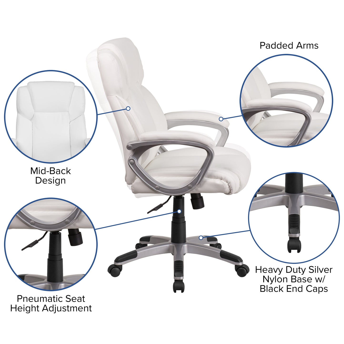 White Mid-Back Leather Chair GO-2236M-WH-GG