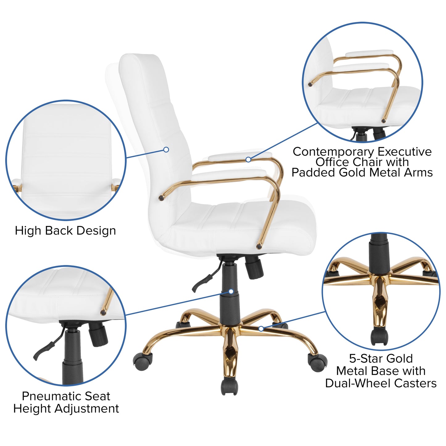 White High Back Leather Chair GO-2286H-WH-GLD-GG