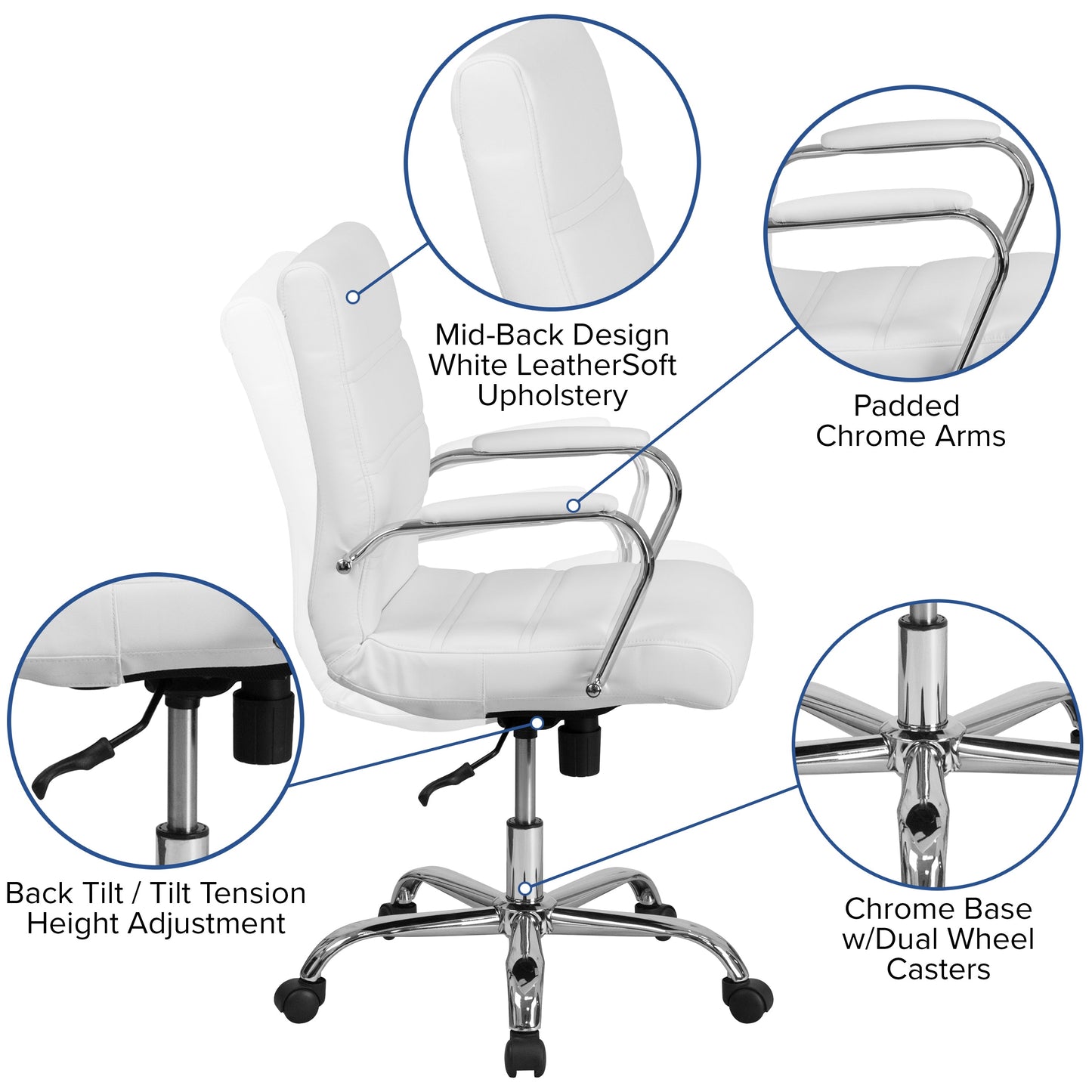 White Mid-Back Leather Chair GO-2286M-WH-GG