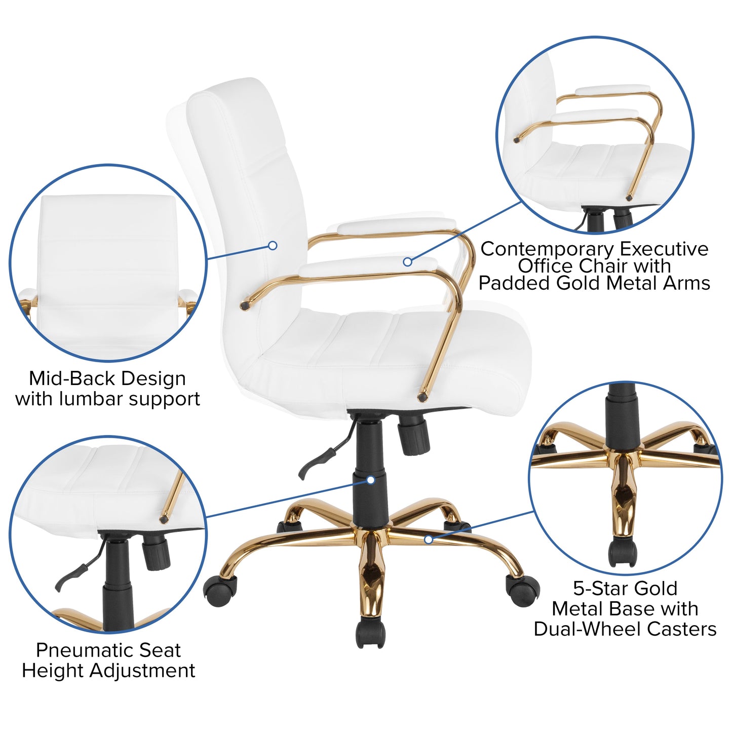 White Mid-Back Leather Chair GO-2286M-WH-GLD-GG