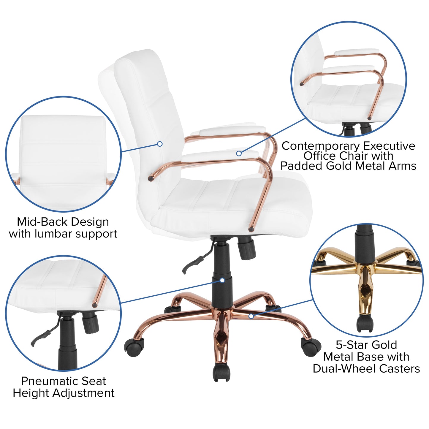 White Mid-Back Leather Chair GO-2286M-WH-RSGLD-GG