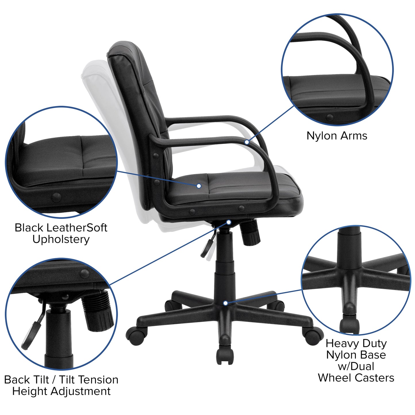 Black Mid-Back Task Chair GO-228S-BK-LEA-GG