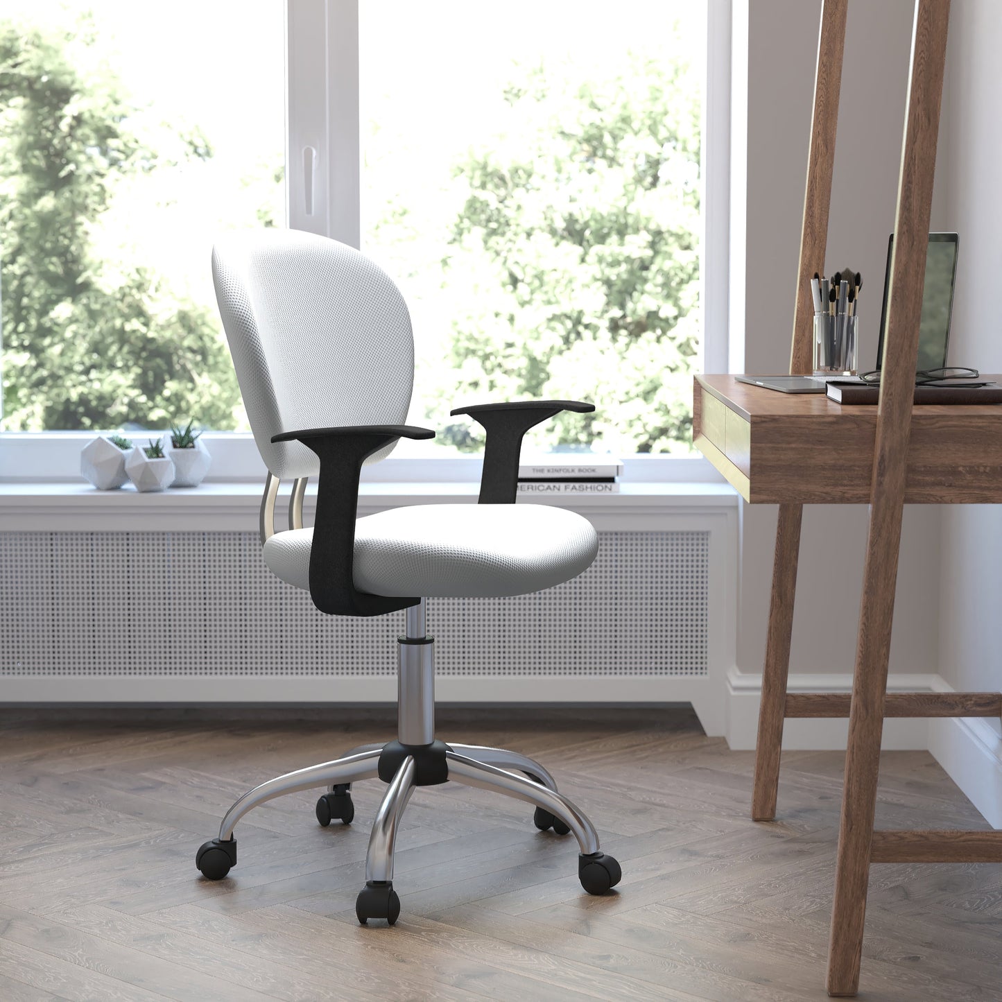 White Mid-Back Task Chair H-2376-F-WHT-ARMS-GG