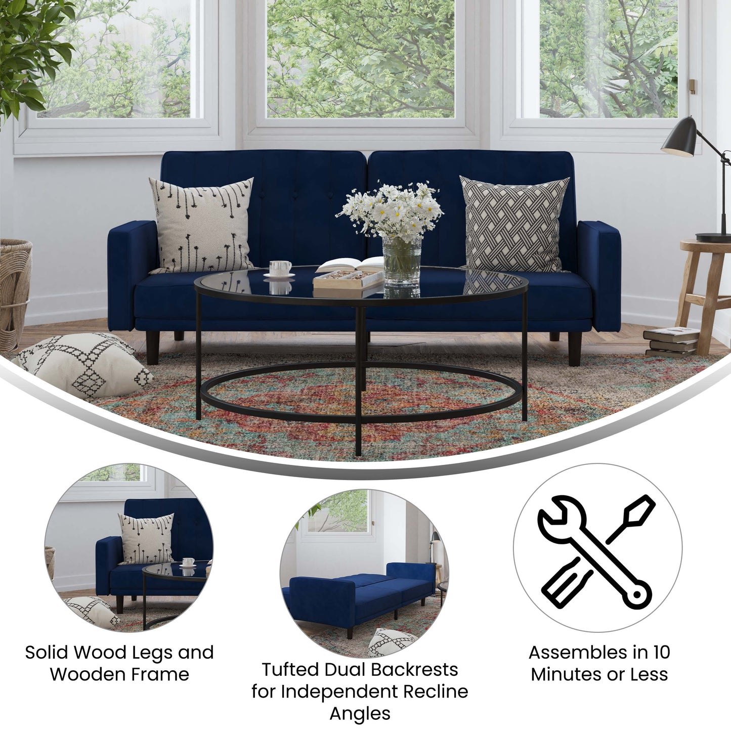 Navy Velvet Futon Sofa HC-1060-NV-GG