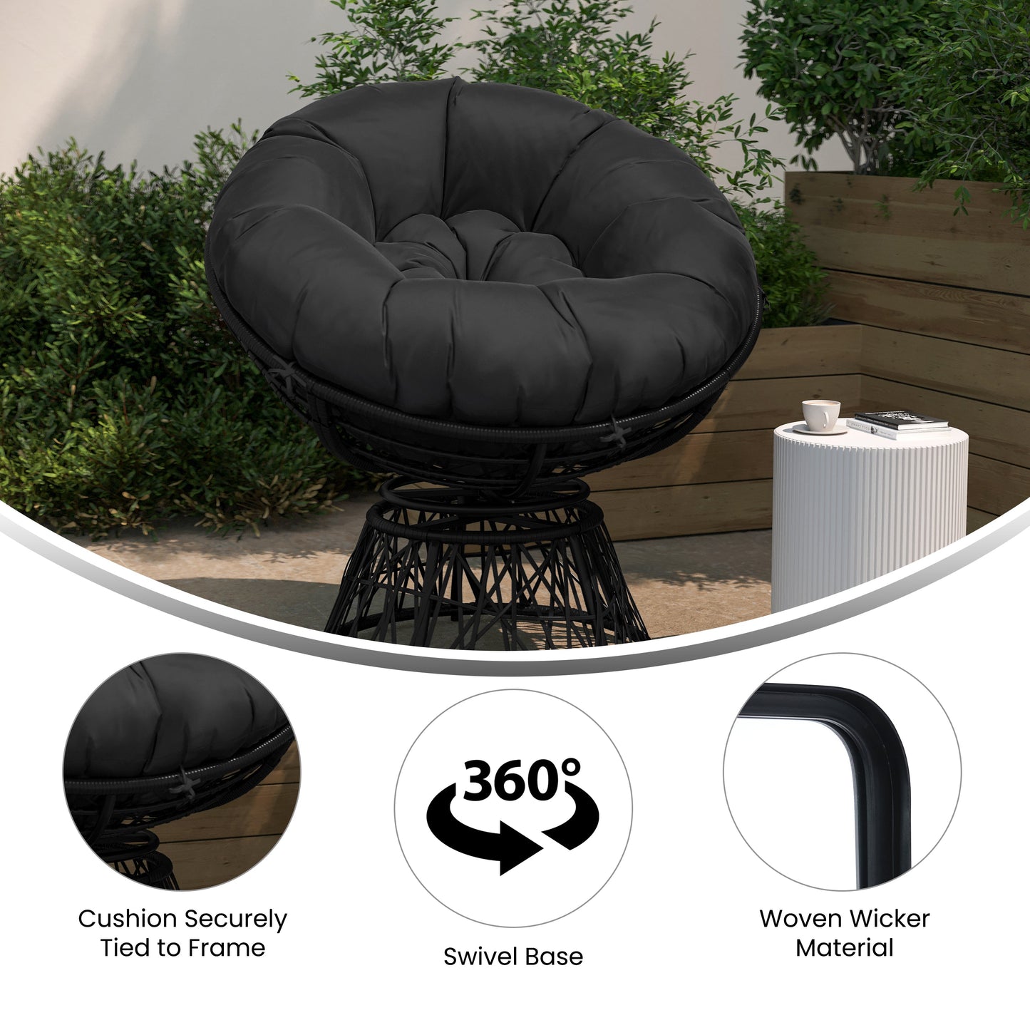 BK Papasan Swivel Patio Chair JE-5101W-BK-GG