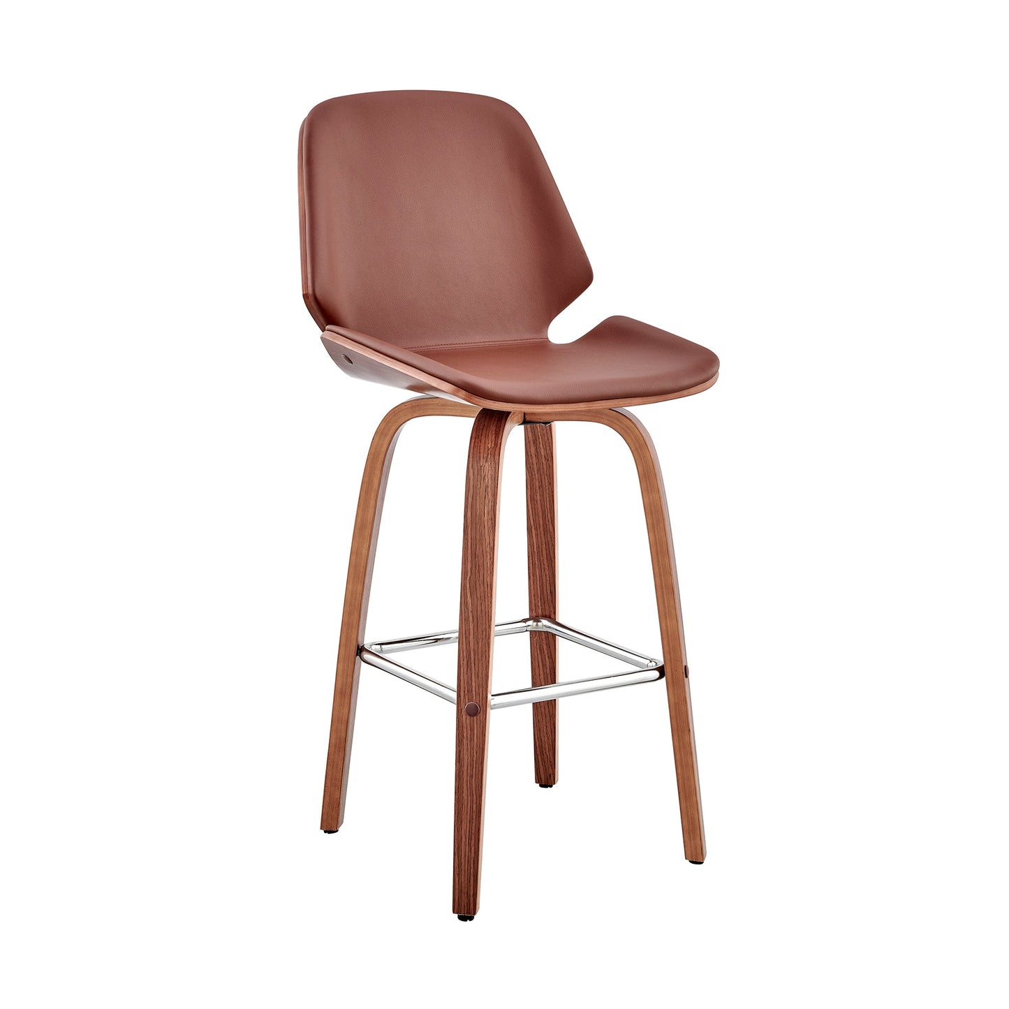 Arabela 26" Brown Faux Leather and Walnut Wood Swivel Bar Stool