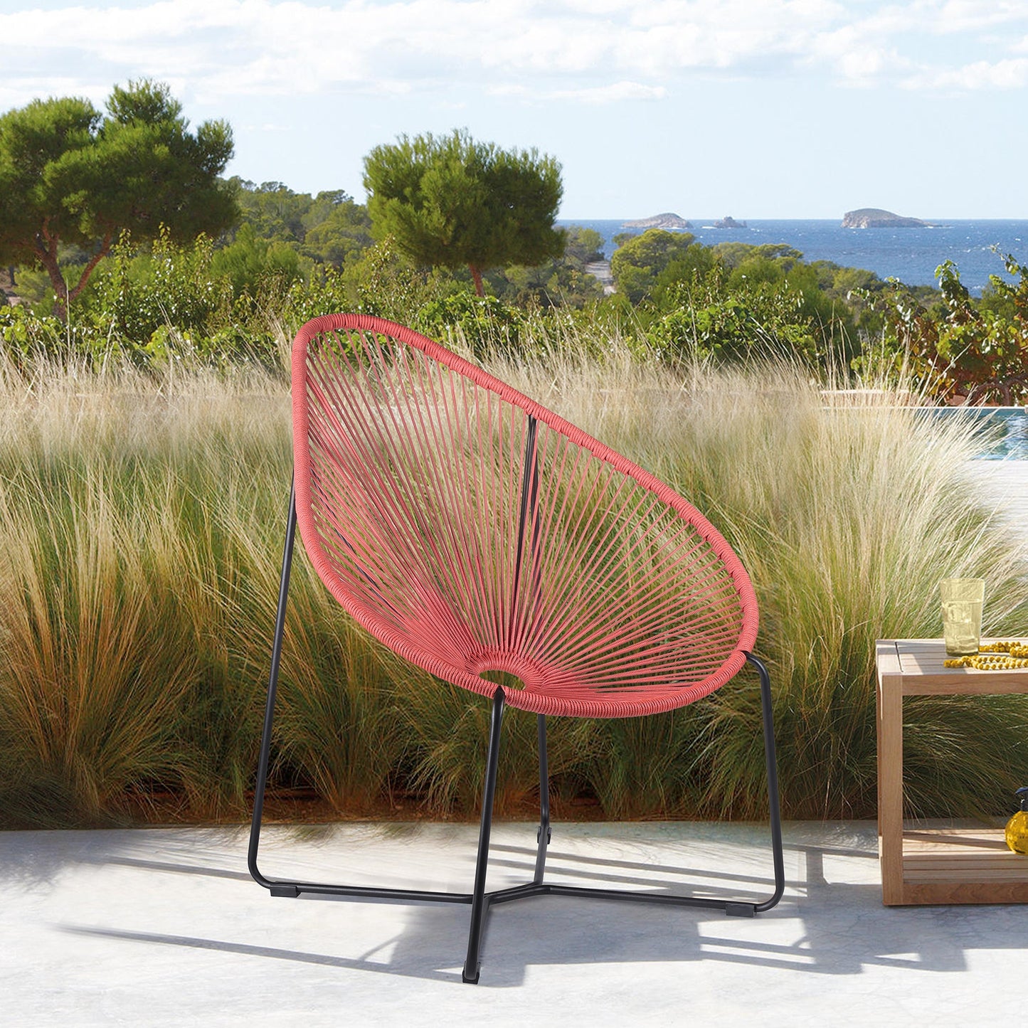 Acapulco Indoor Outdoor Steel Papasan Lounge Chair with Brick Red Rope