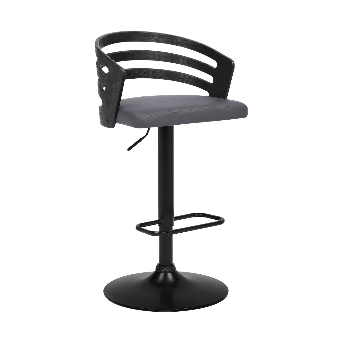 Adele Adjustable Height Swivel Gray Faux Leather and Black Wood Bar Stool with Black Base