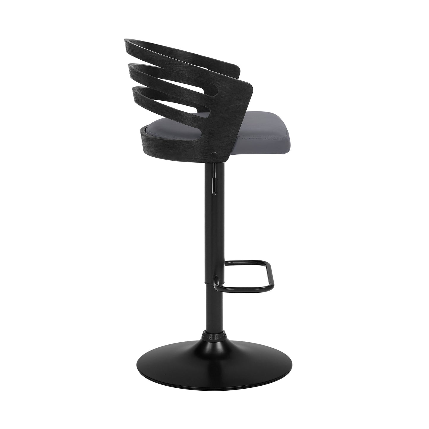 Adele Adjustable Height Swivel Gray Faux Leather and Black Wood Bar Stool with Black Base