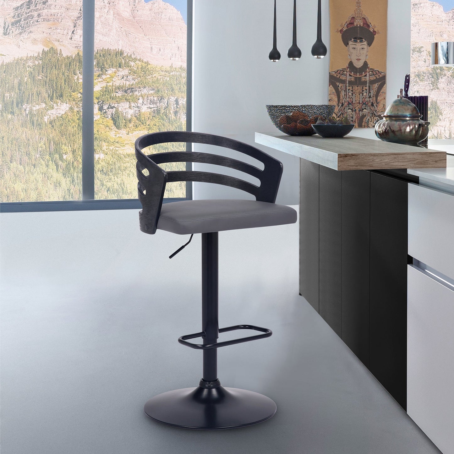 Adele Adjustable Height Swivel Gray Faux Leather and Black Wood Bar Stool with Black Base