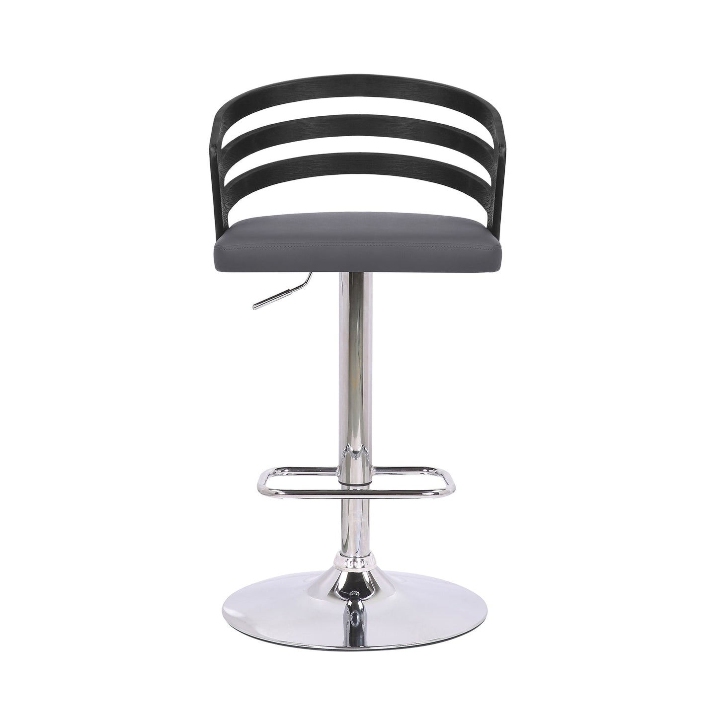 Adele Adjustable Height Swivel Gray Faux Leather and Black Wood Bar Stool with Chrome Base