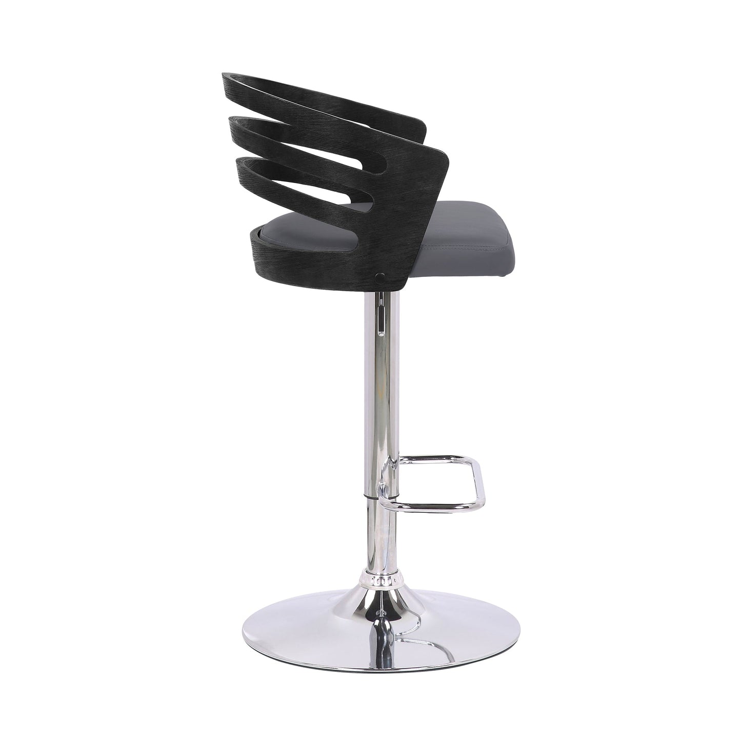 Adele Adjustable Height Swivel Gray Faux Leather and Black Wood Bar Stool with Chrome Base