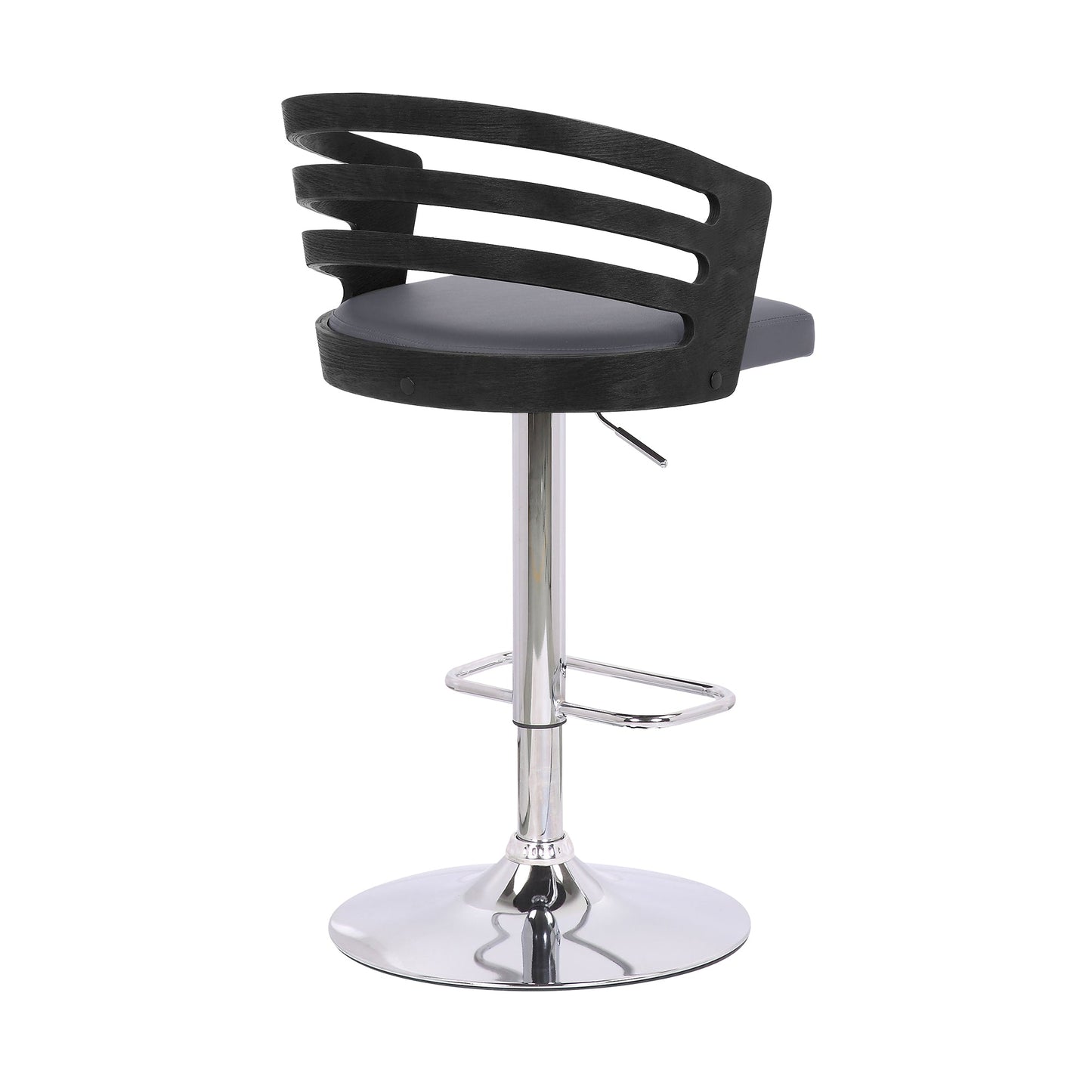 Adele Adjustable Height Swivel Gray Faux Leather and Black Wood Bar Stool with Chrome Base