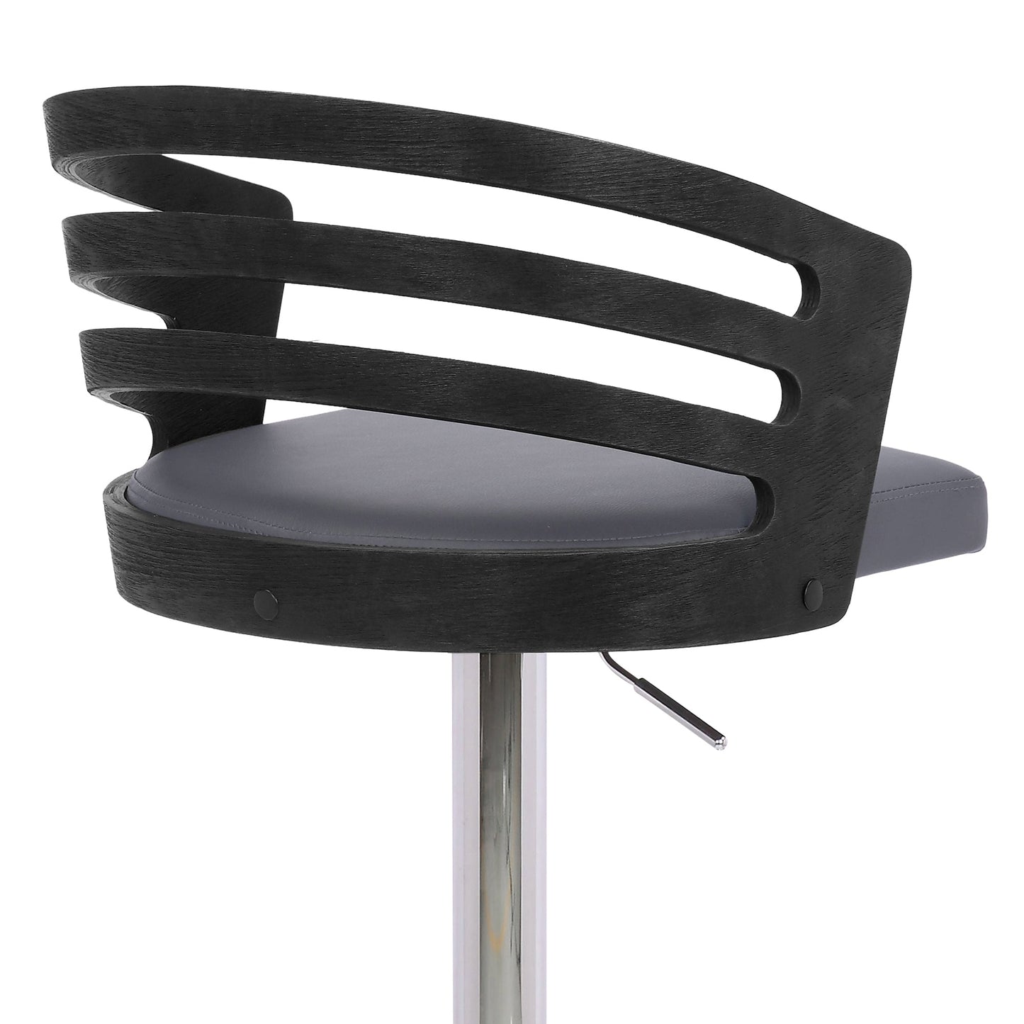 Adele Adjustable Height Swivel Gray Faux Leather and Black Wood Bar Stool with Chrome Base