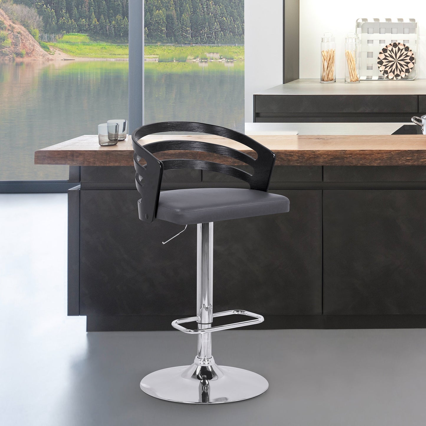 Adele Adjustable Height Swivel Gray Faux Leather and Black Wood Bar Stool with Chrome Base