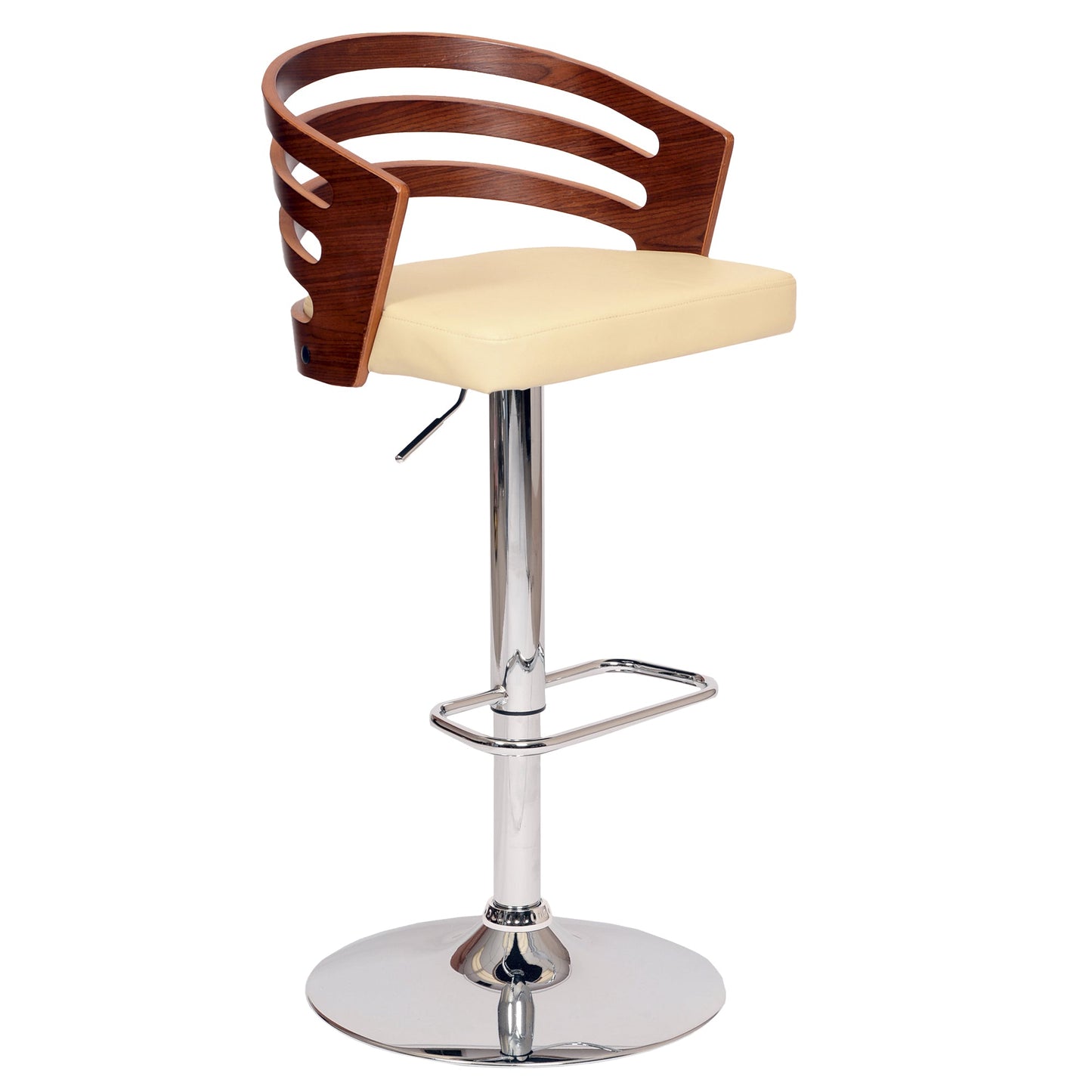 Adele Adjustable Height Swivel Cream Faux Leather and Walnut Wood Bar Stool with Chrome Base