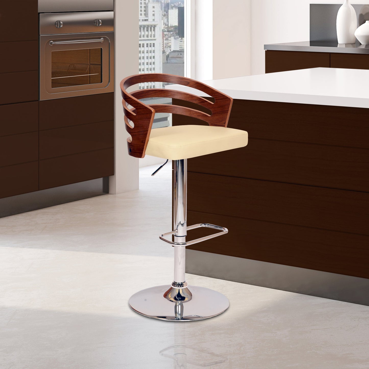 Adele Adjustable Height Swivel Cream Faux Leather and Walnut Wood Bar Stool with Chrome Base