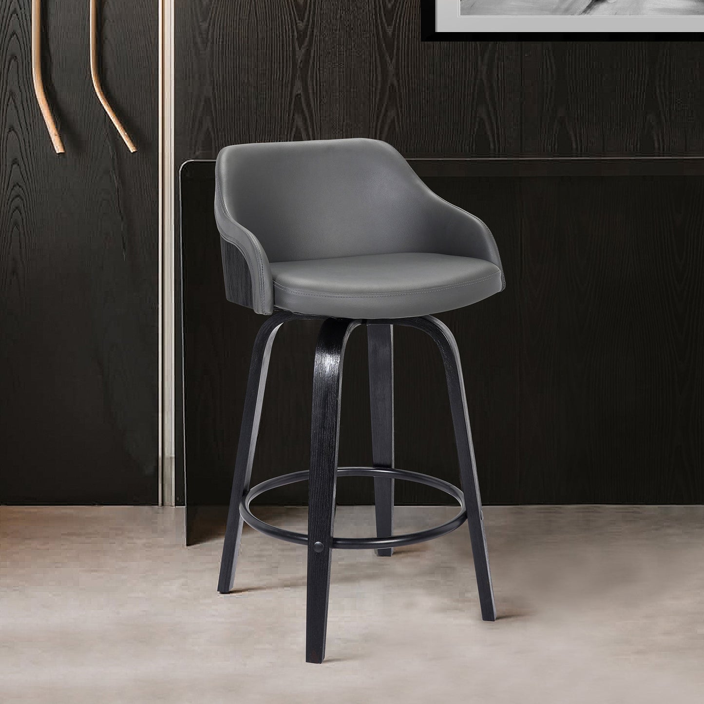 Alec 26" Counter Height Swivel Gray Faux Leather and Black Wood Bar Stool