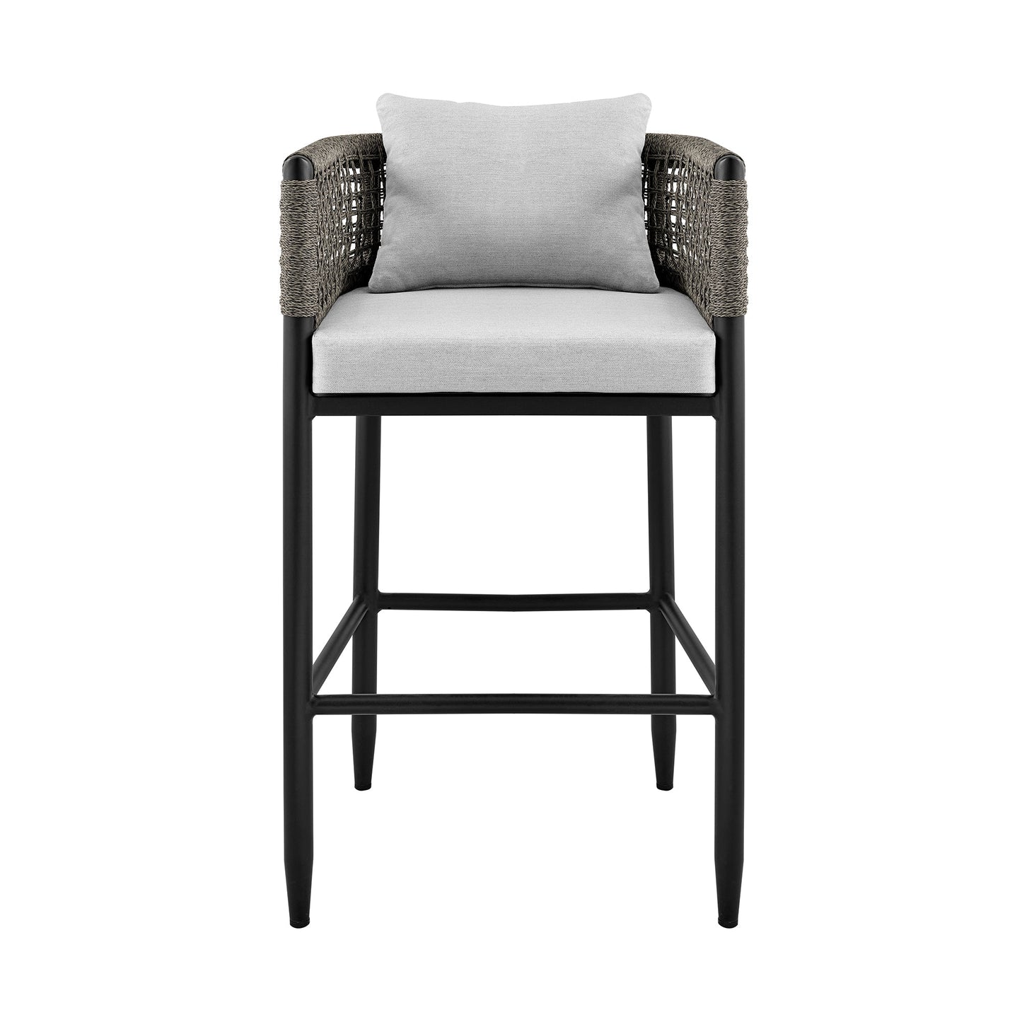 Alegria Outdoor Patio Counter Height Bar Stool in Aluminum with Gray Rope and Cushions