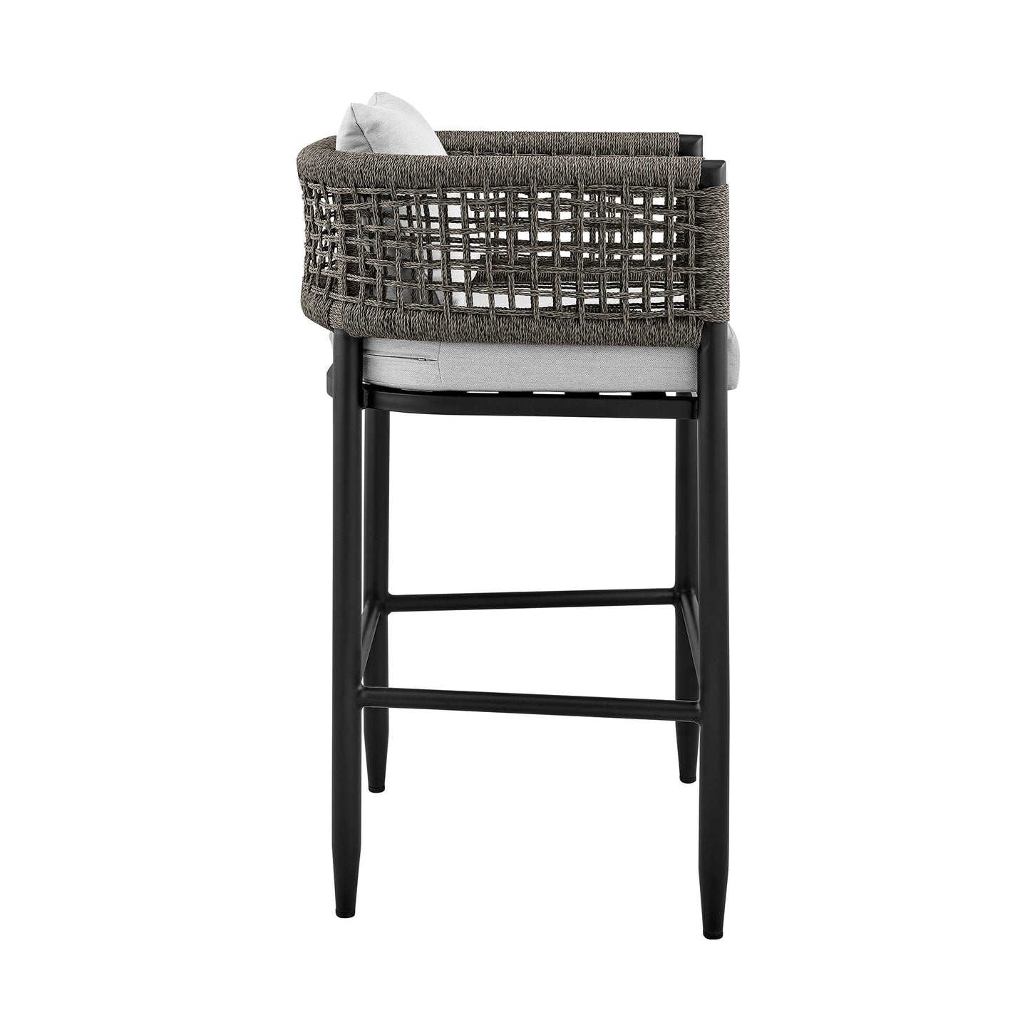 Alegria Outdoor Patio Counter Height Bar Stool in Aluminum with Gray Rope and Cushions