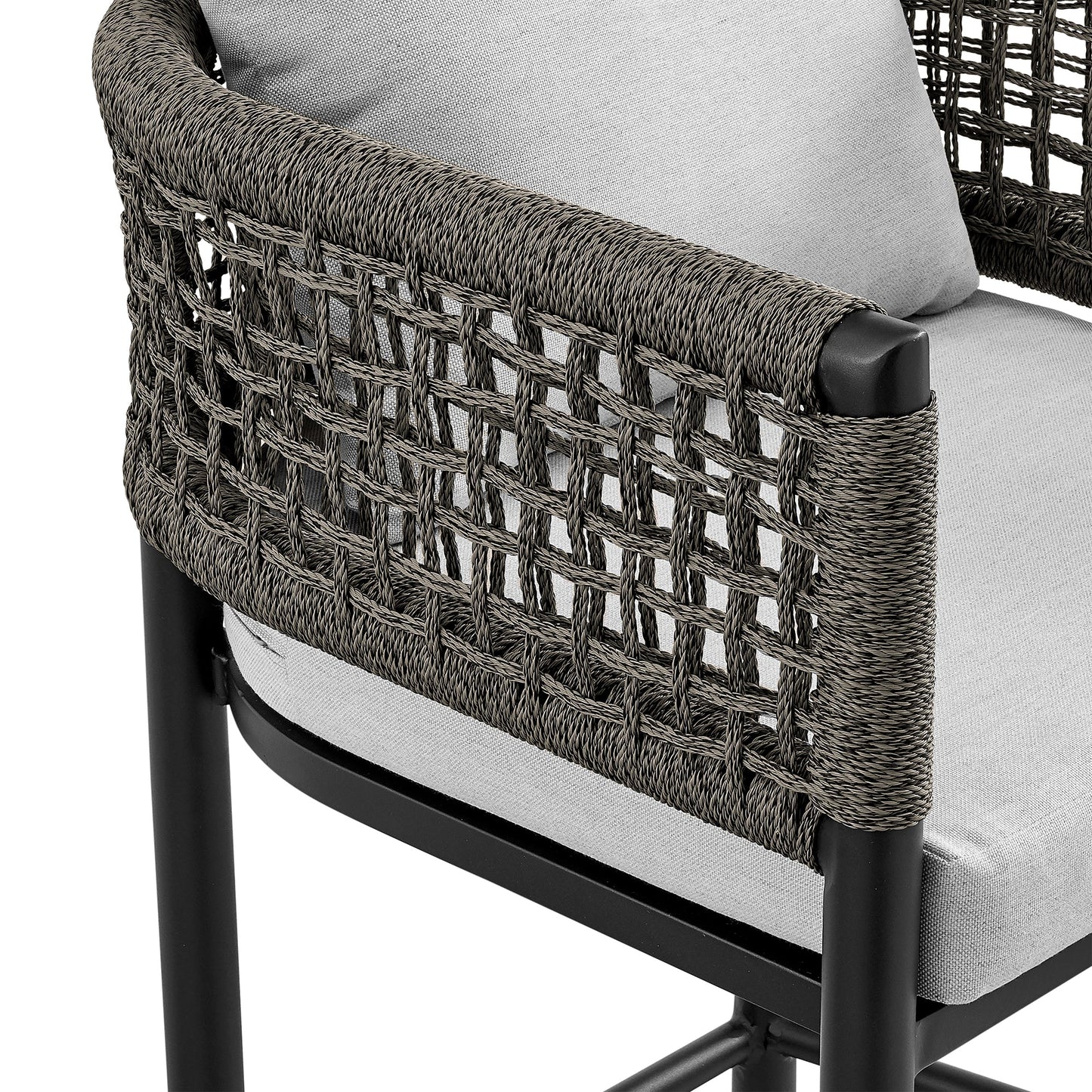 Alegria Outdoor Patio Counter Height Bar Stool in Aluminum with Gray Rope and Cushions