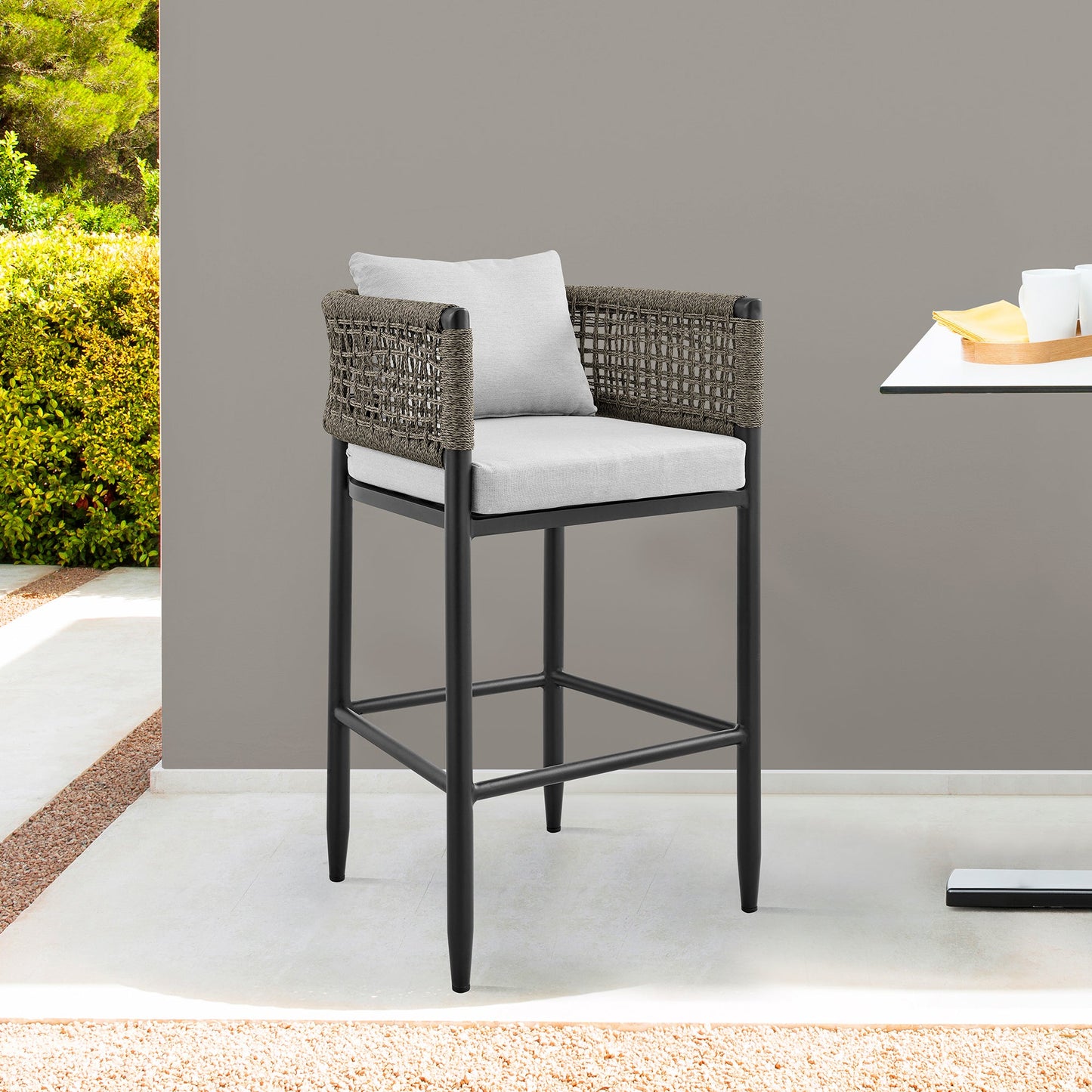 Alegria Outdoor Patio Counter Height Bar Stool in Aluminum with Gray Rope and Cushions