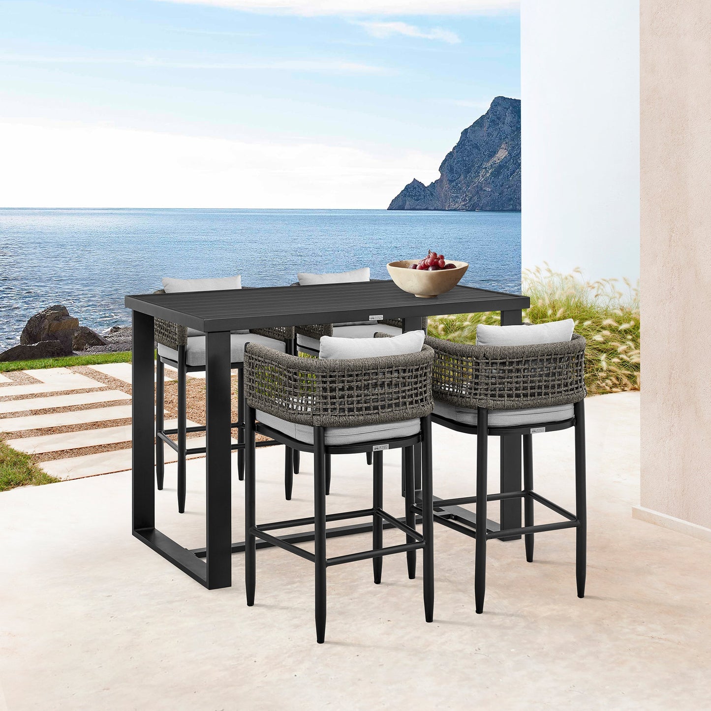 Alegria Outdoor Patio Counter Height Bar Stool in Aluminum with Gray Rope and Cushions