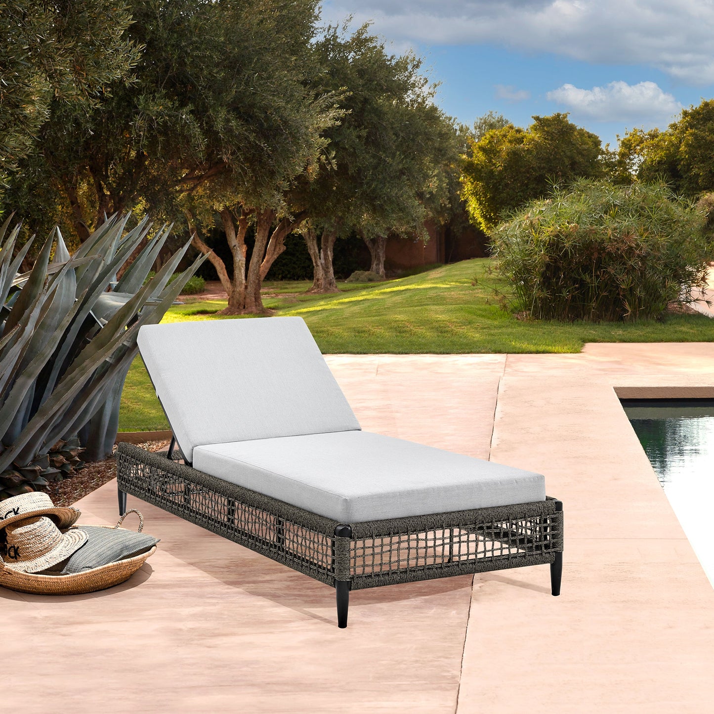 Alegria Outdoor Patio Adjustable Chaise Lounge Chair in Aluminum with Gray Rope and Cushions