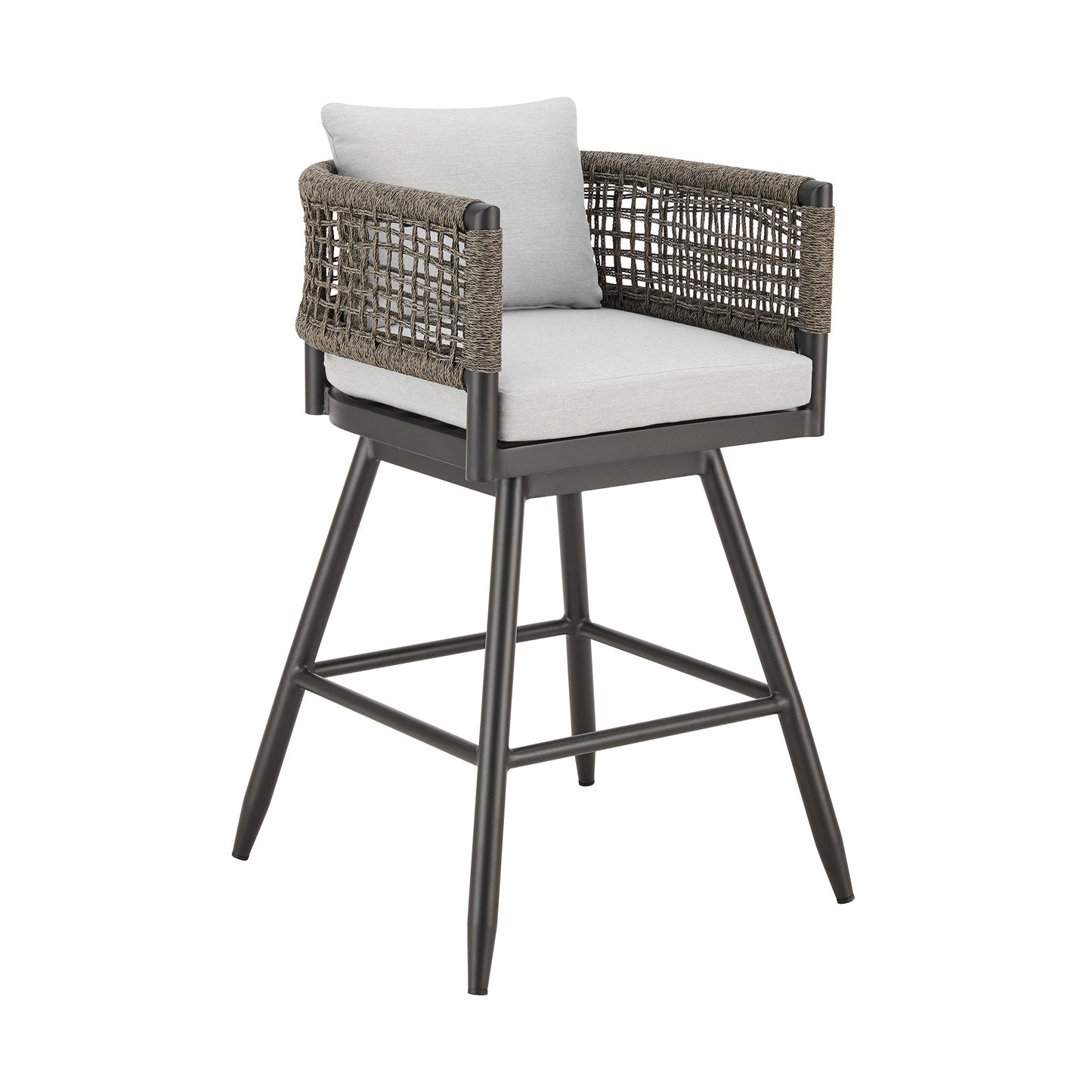 Alegria Outdoor Patio Swivel Counter Stool in Aluminum with Gray Rope and Light Gray Cushions