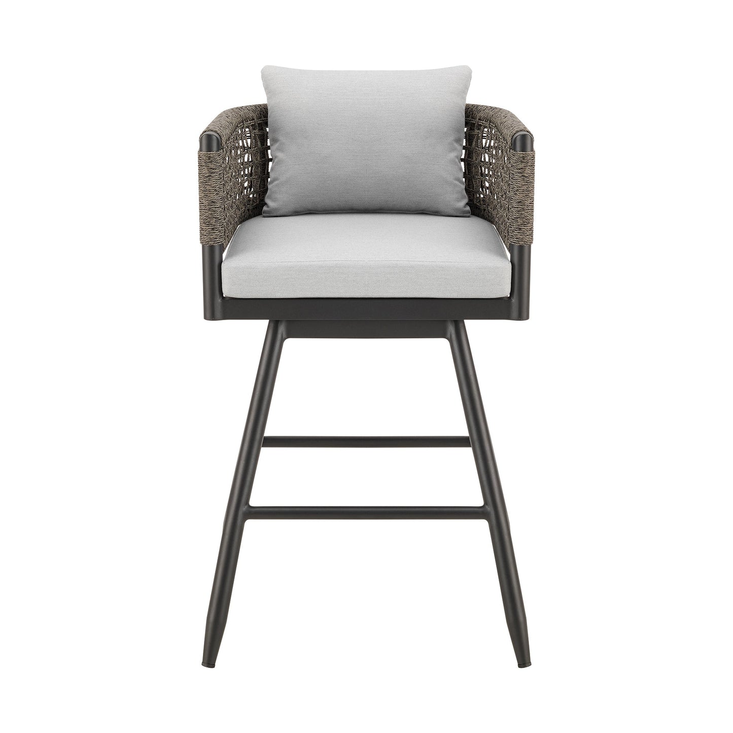 Alegria Outdoor Patio Swivel Counter Stool in Aluminum with Gray Rope and Light Gray Cushions