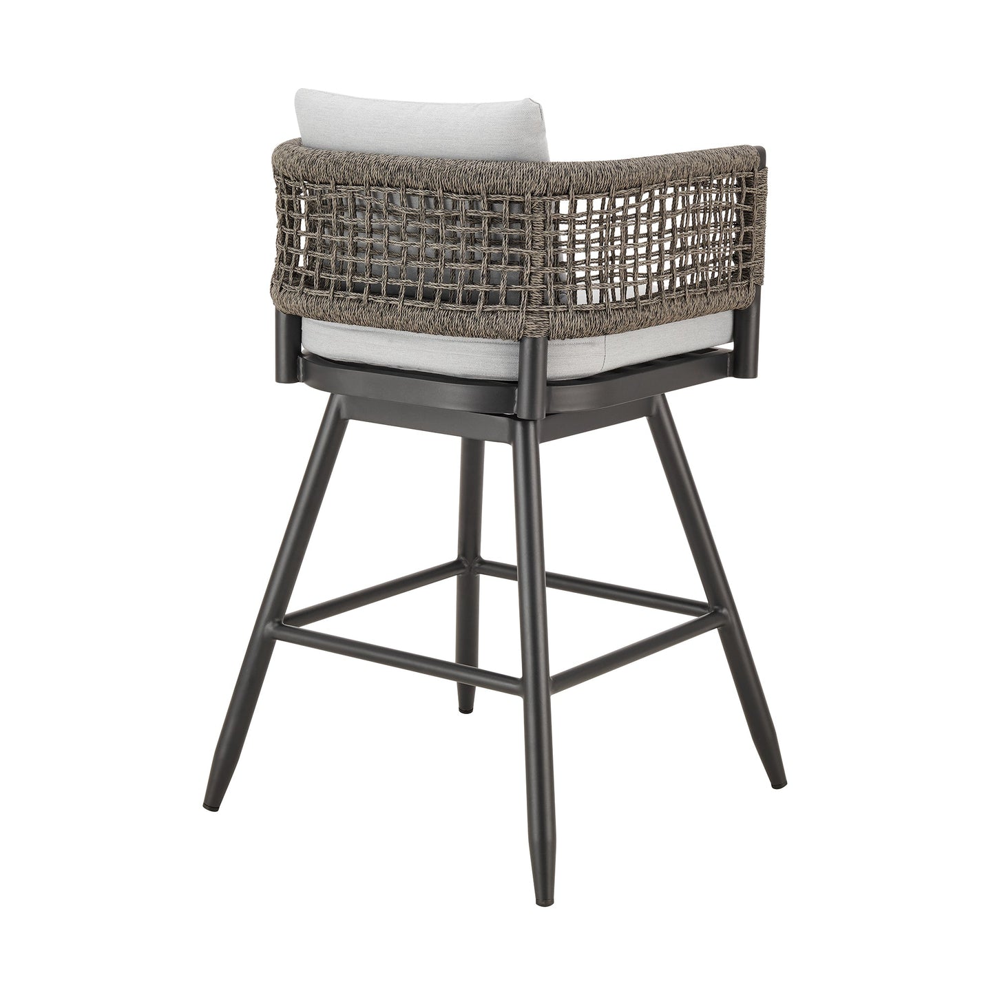 Alegria Outdoor Patio Swivel Counter Stool in Aluminum with Gray Rope and Light Gray Cushions