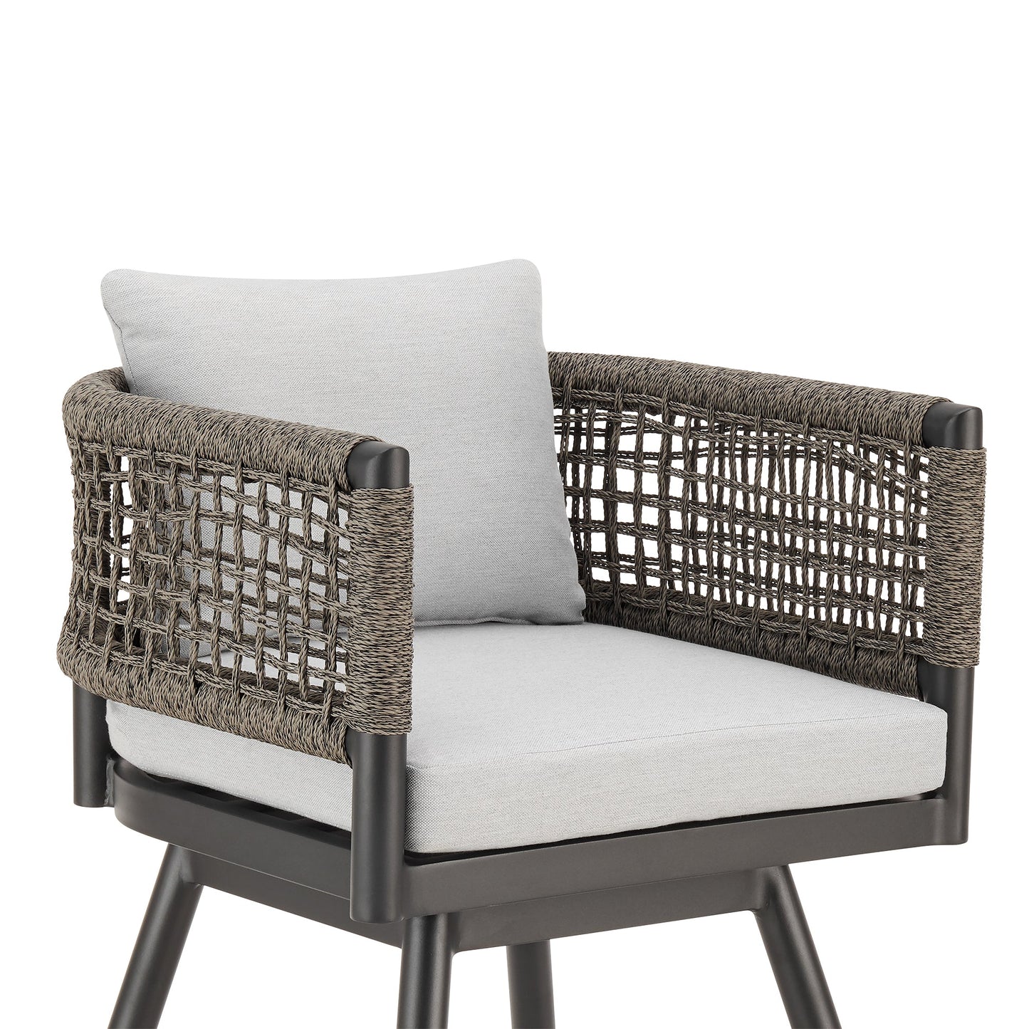 Alegria Outdoor Patio Swivel Counter Stool in Aluminum with Gray Rope and Light Gray Cushions