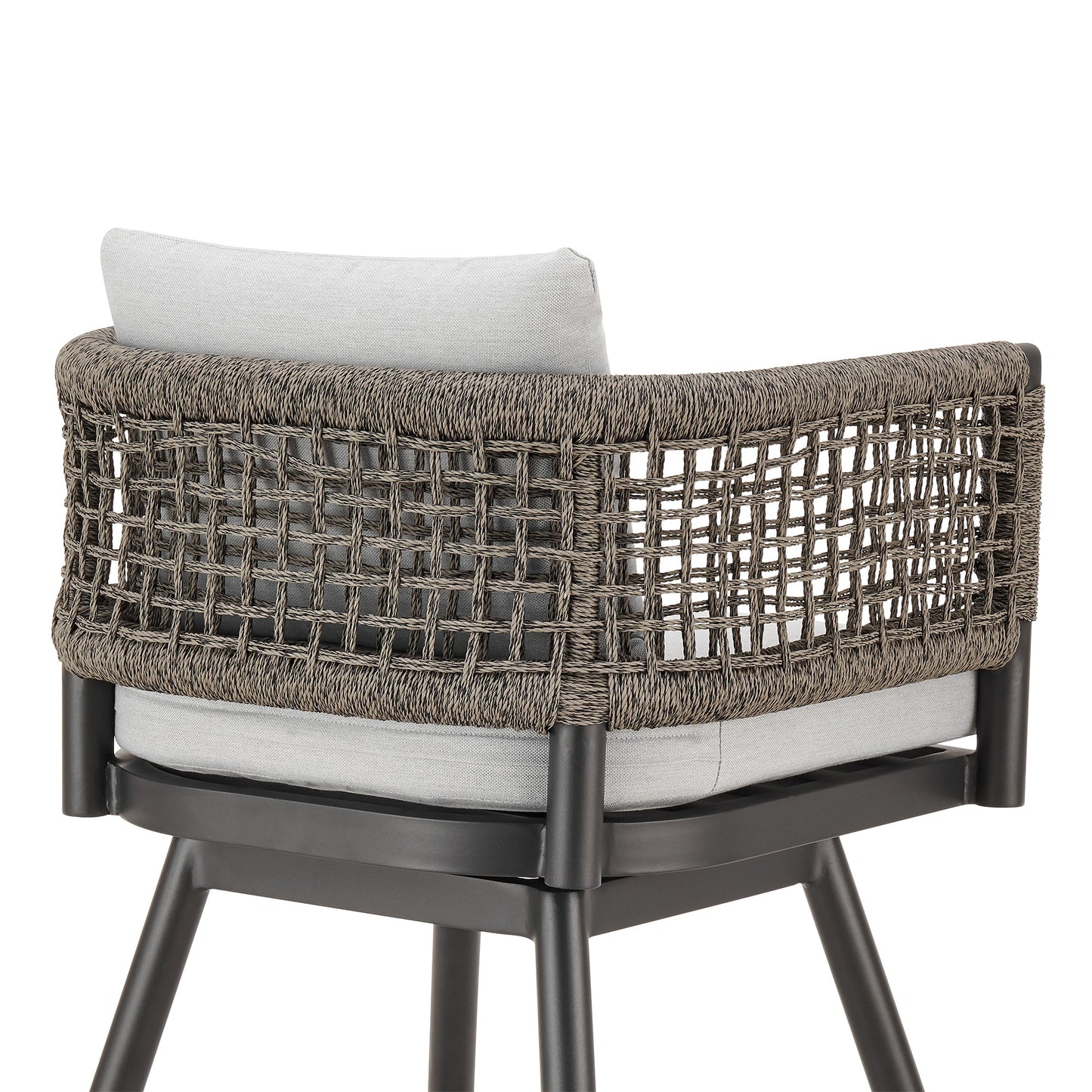 Alegria Outdoor Patio Swivel Counter Stool in Aluminum with Gray Rope and Light Gray Cushions