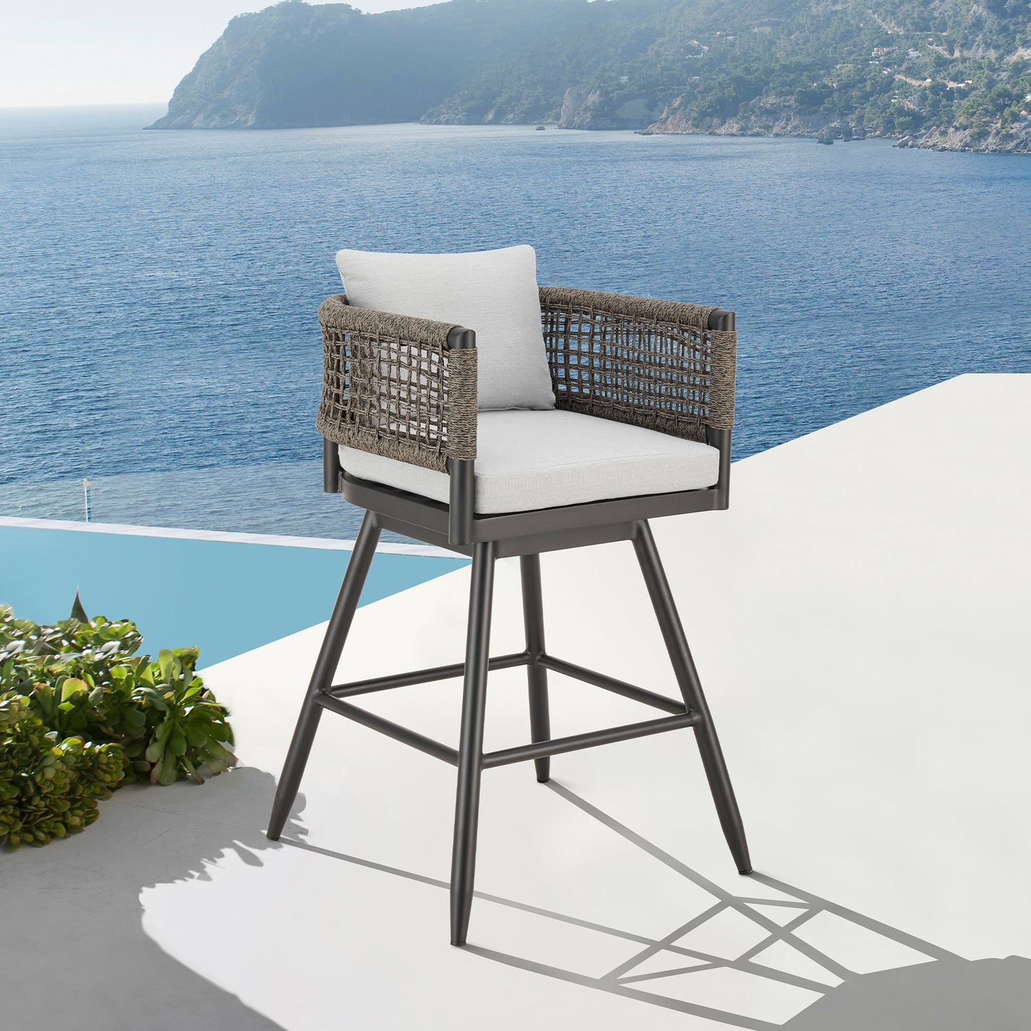 Alegria Outdoor Patio Swivel Counter Stool in Aluminum with Gray Rope and Light Gray Cushions