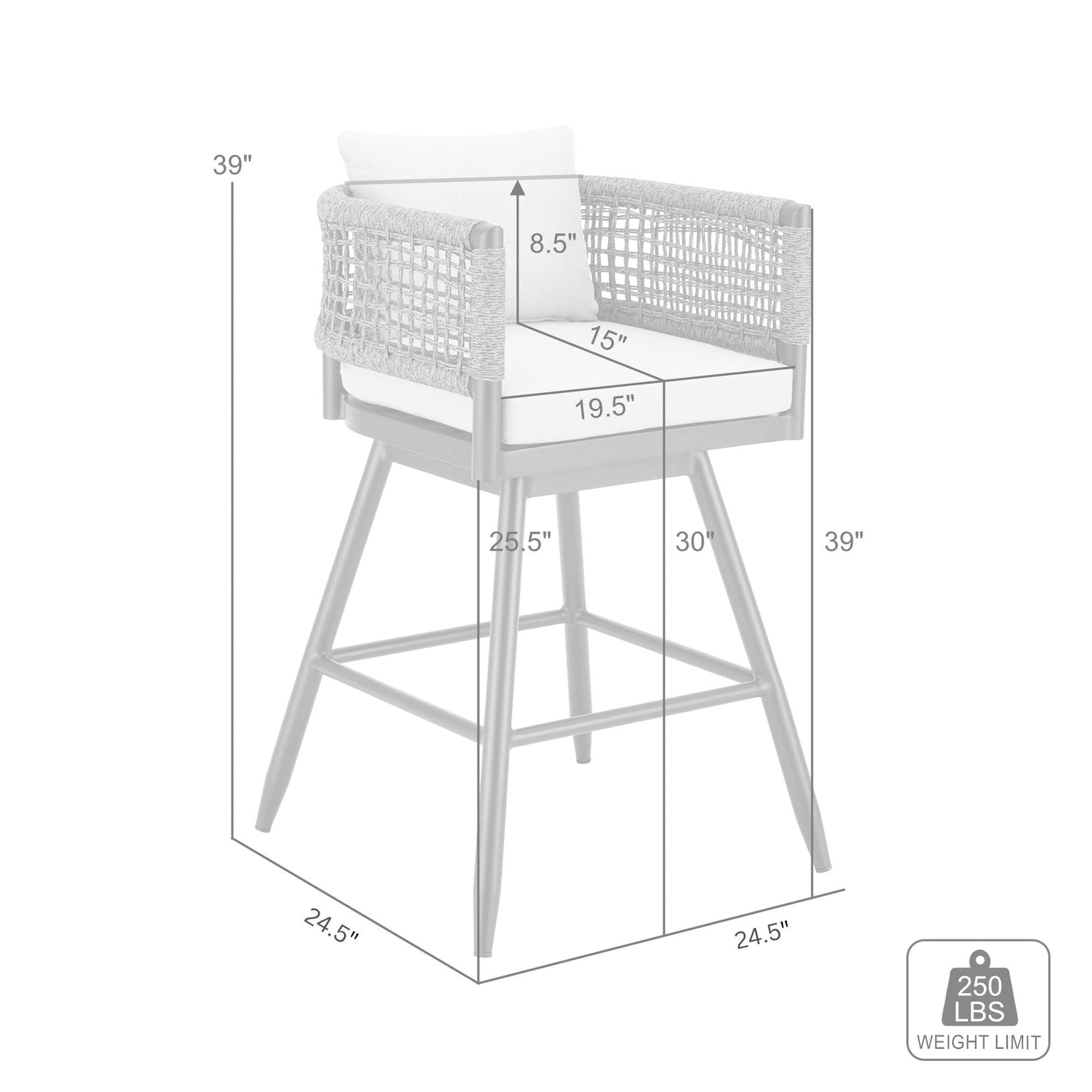 Alegria Outdoor Patio Swivel Bar Stool in Aluminum with Gray Rope and Light Gray Cushions