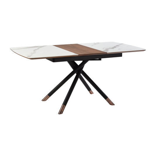 Alora Extendable Dining Table with Light Gray Ceramic and Wood Top and Metal Legs