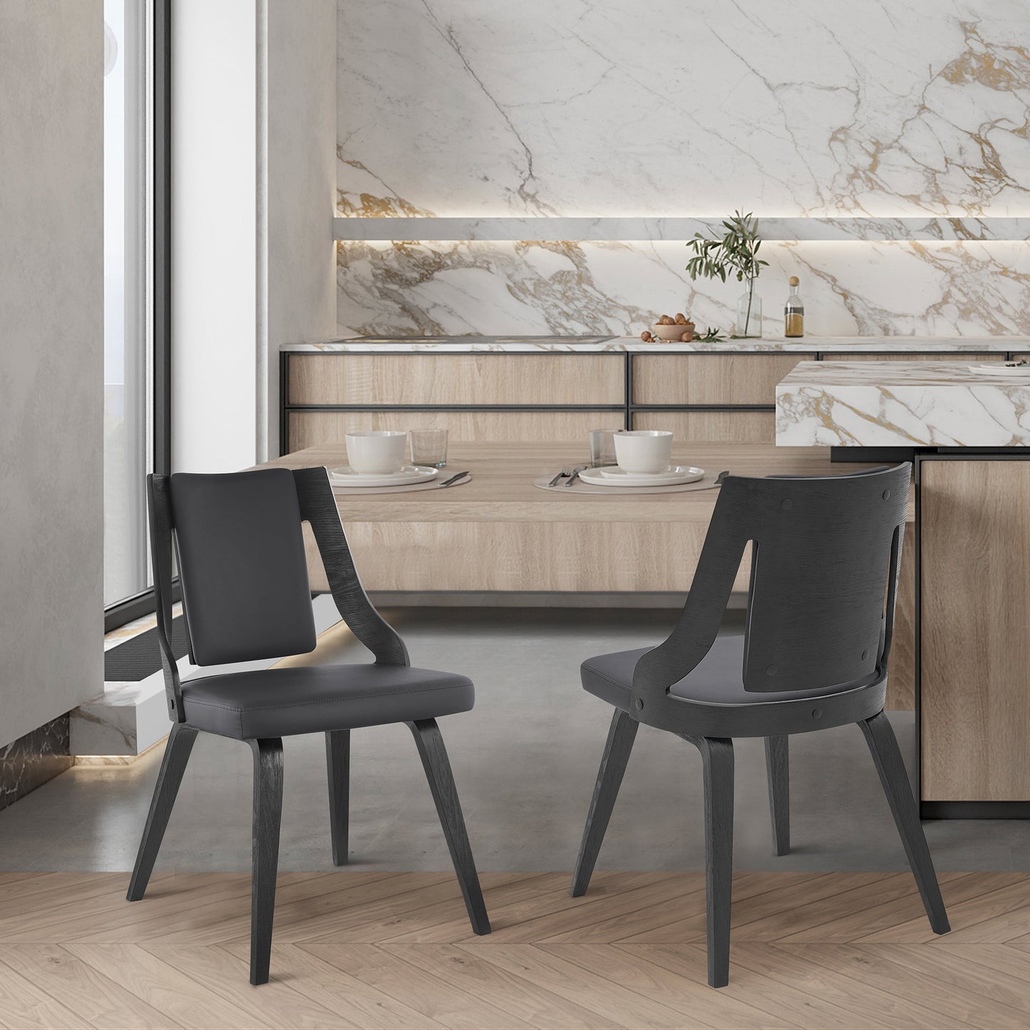 Aniston Gray Faux Leather and Black Wood Dining Chairs - Set of 2