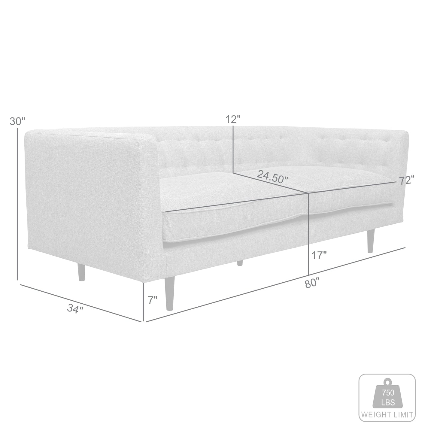 Annabelle 80" Gray Fabric Sofa with Black Wood Legs