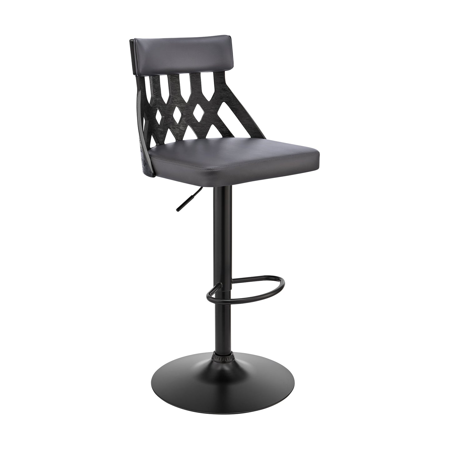 Angelo Adjustable Swivel Gray Faux Leather & Black Wood Bar Stool with Black Base