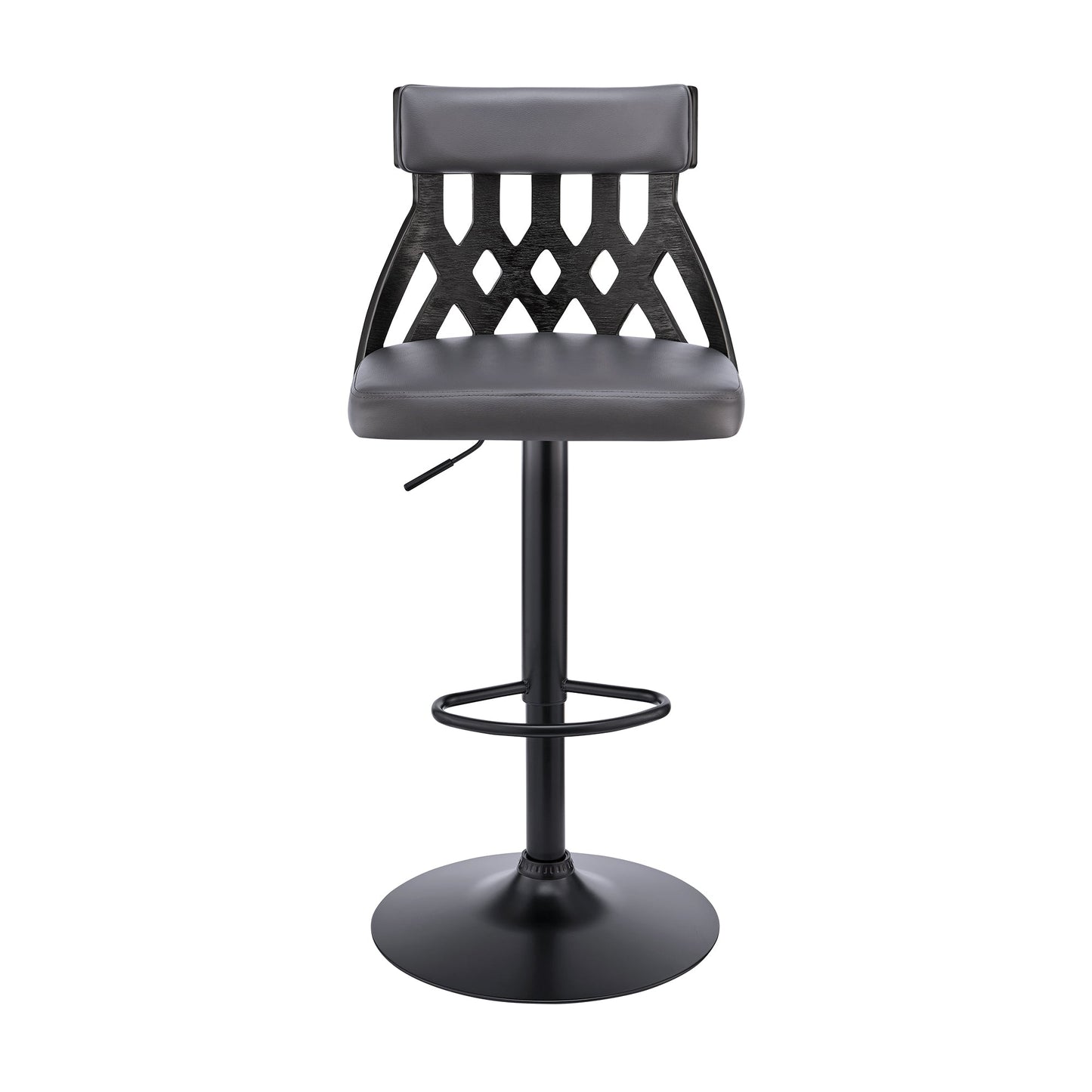 Angelo Adjustable Swivel Gray Faux Leather & Black Wood Bar Stool with Black Base