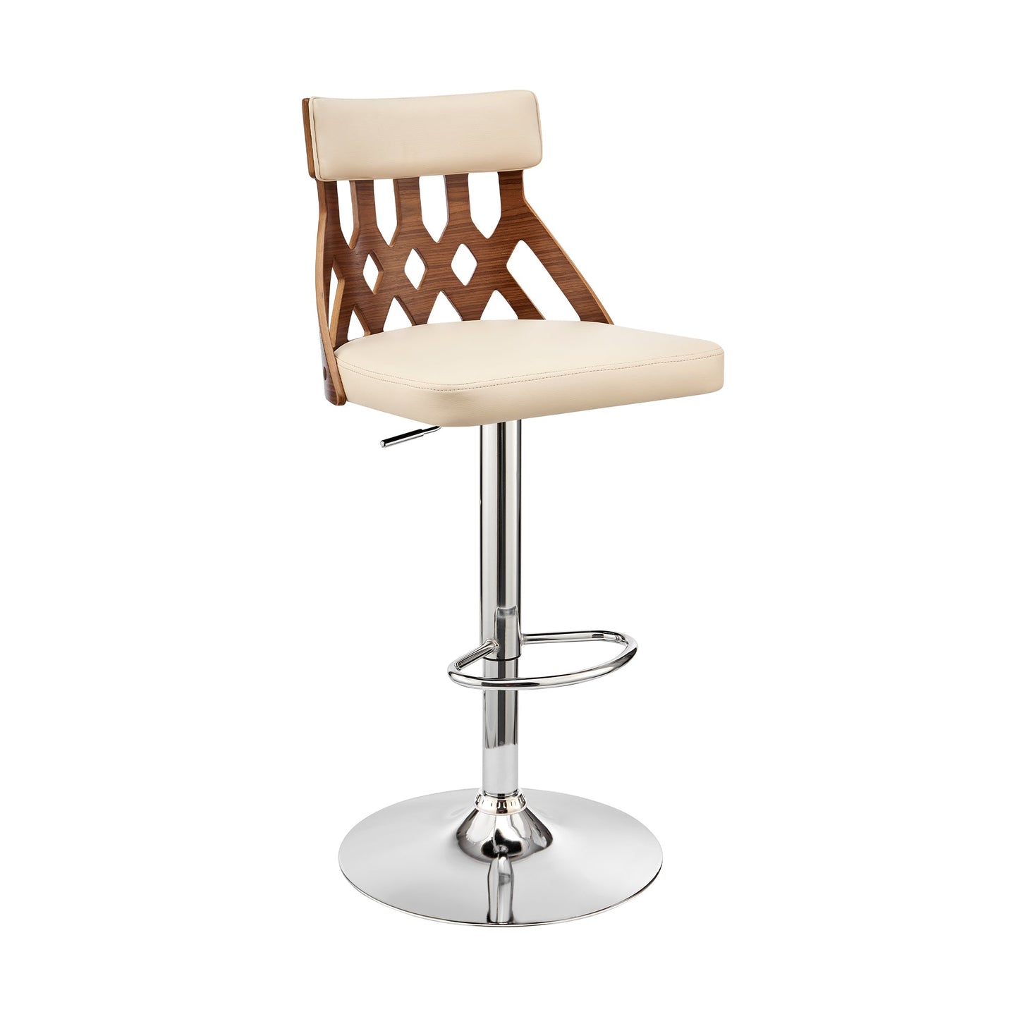 Angelo Adjustable Swivel Cream Faux Leather & Walnut Wood Bar Stool with Chrome Base