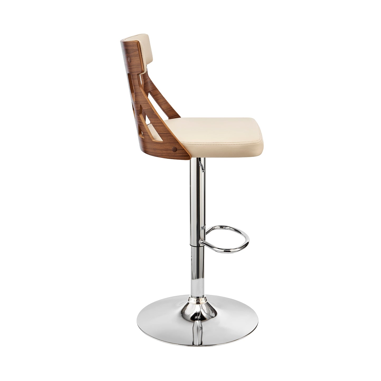 Angelo Adjustable Swivel Cream Faux Leather & Walnut Wood Bar Stool with Chrome Base