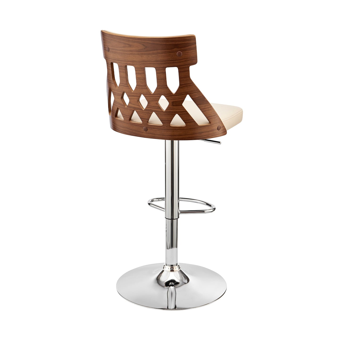 Angelo Adjustable Swivel Cream Faux Leather & Walnut Wood Bar Stool with Chrome Base